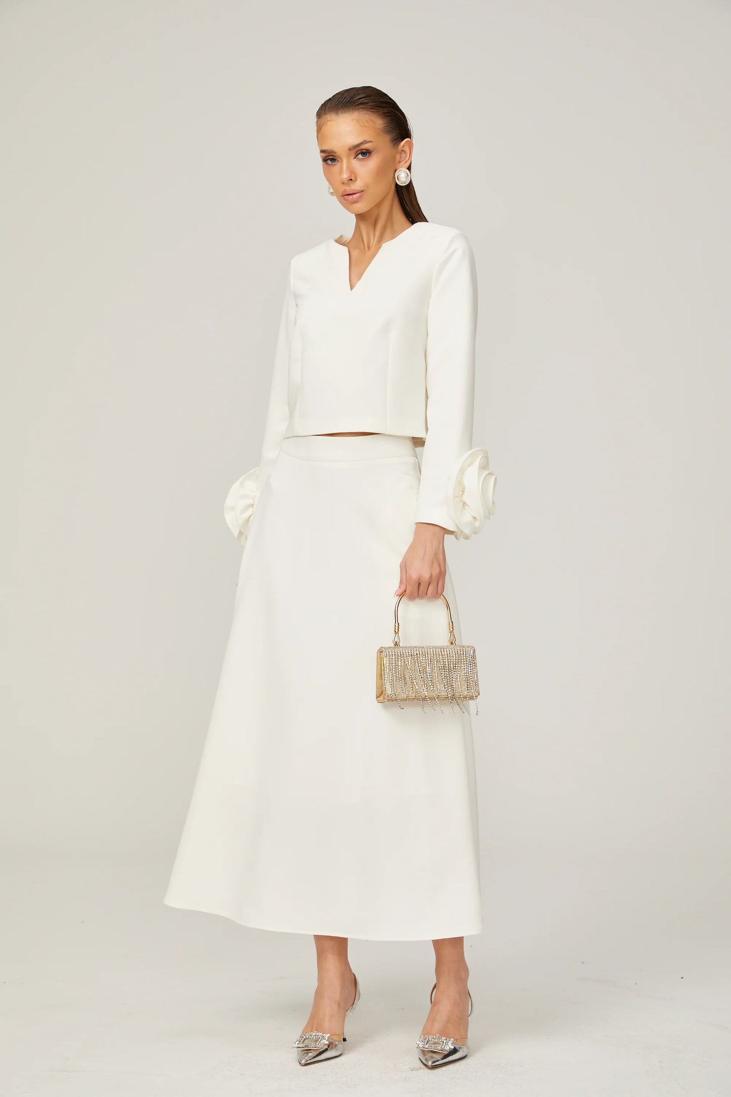 Hilaire white 3d-petal top & skirt matching set
