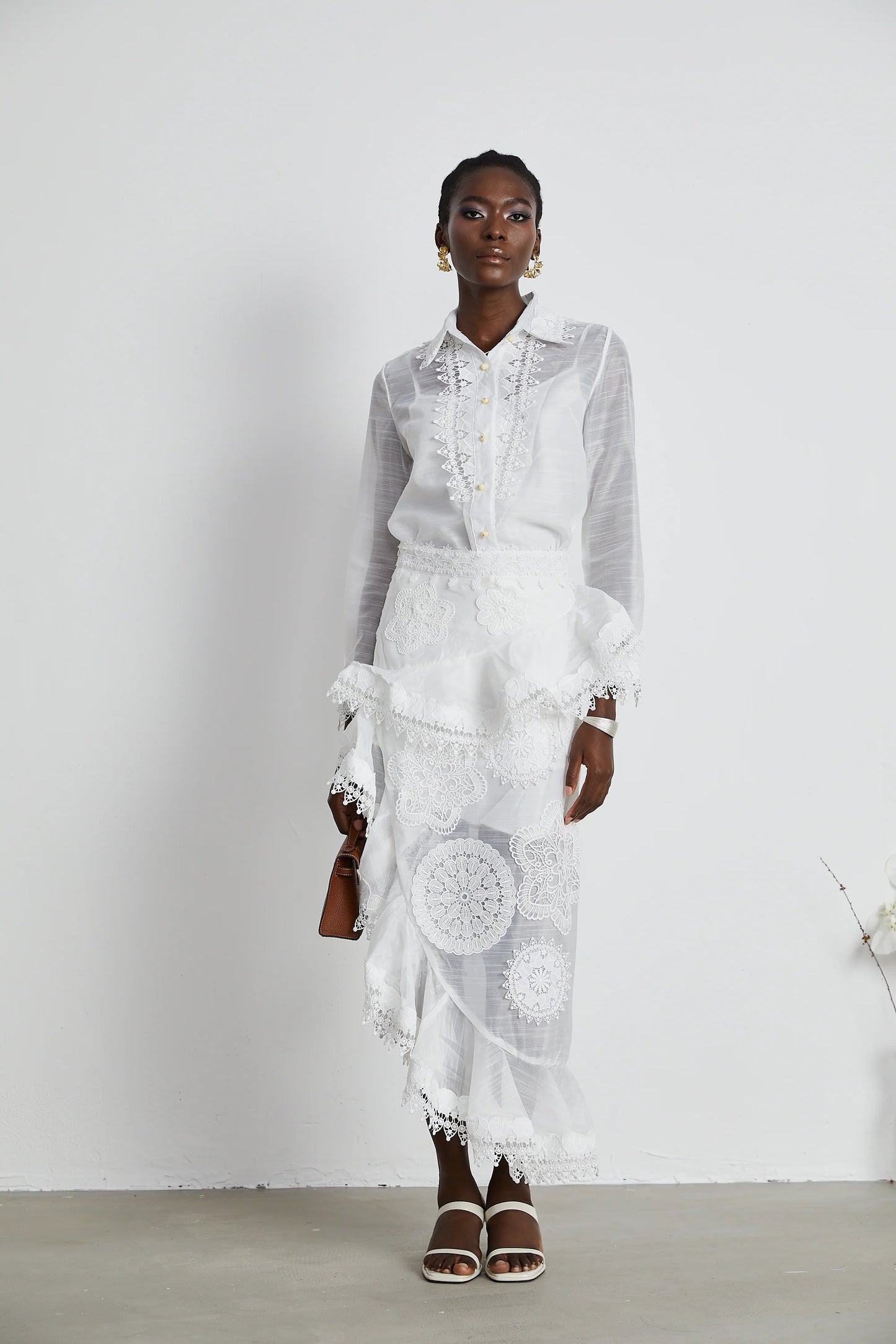 Renee White Semi-Sheer Shirt & Skirt Matching Set