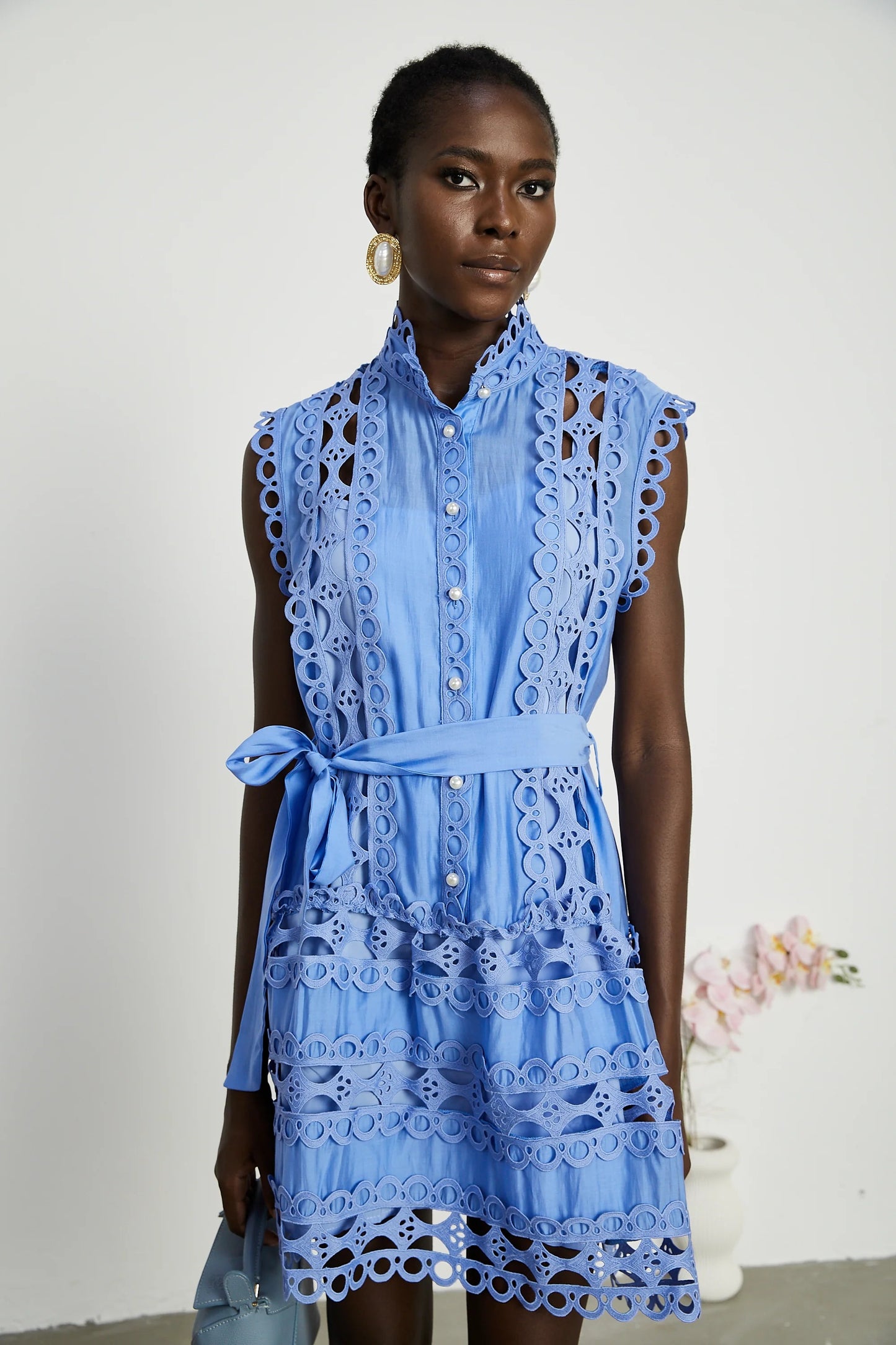 Mireille Blue Cut-Out Belted Mini Dress