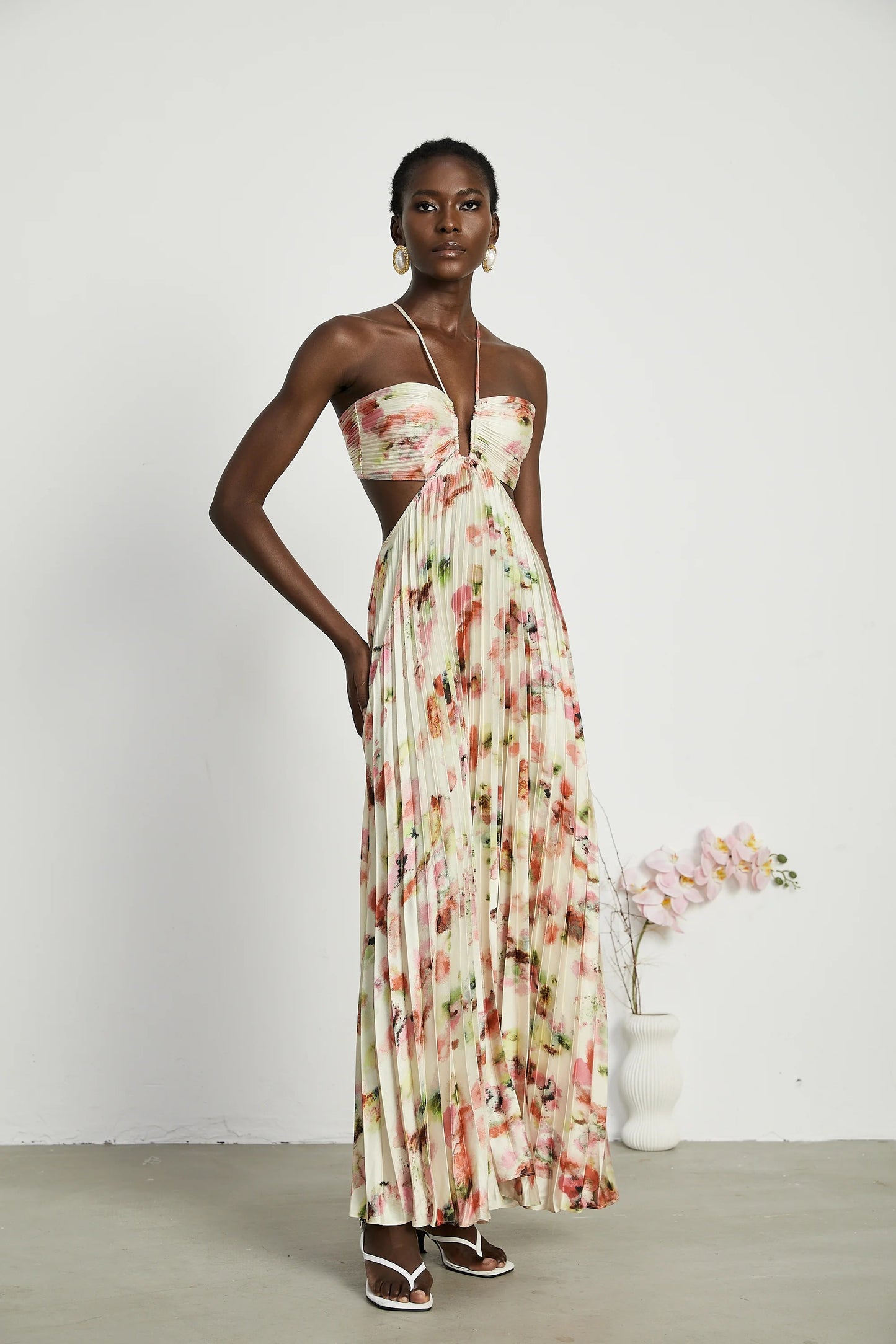 Andrea Cut-Out Floral-Print Pleated Maxi Dress