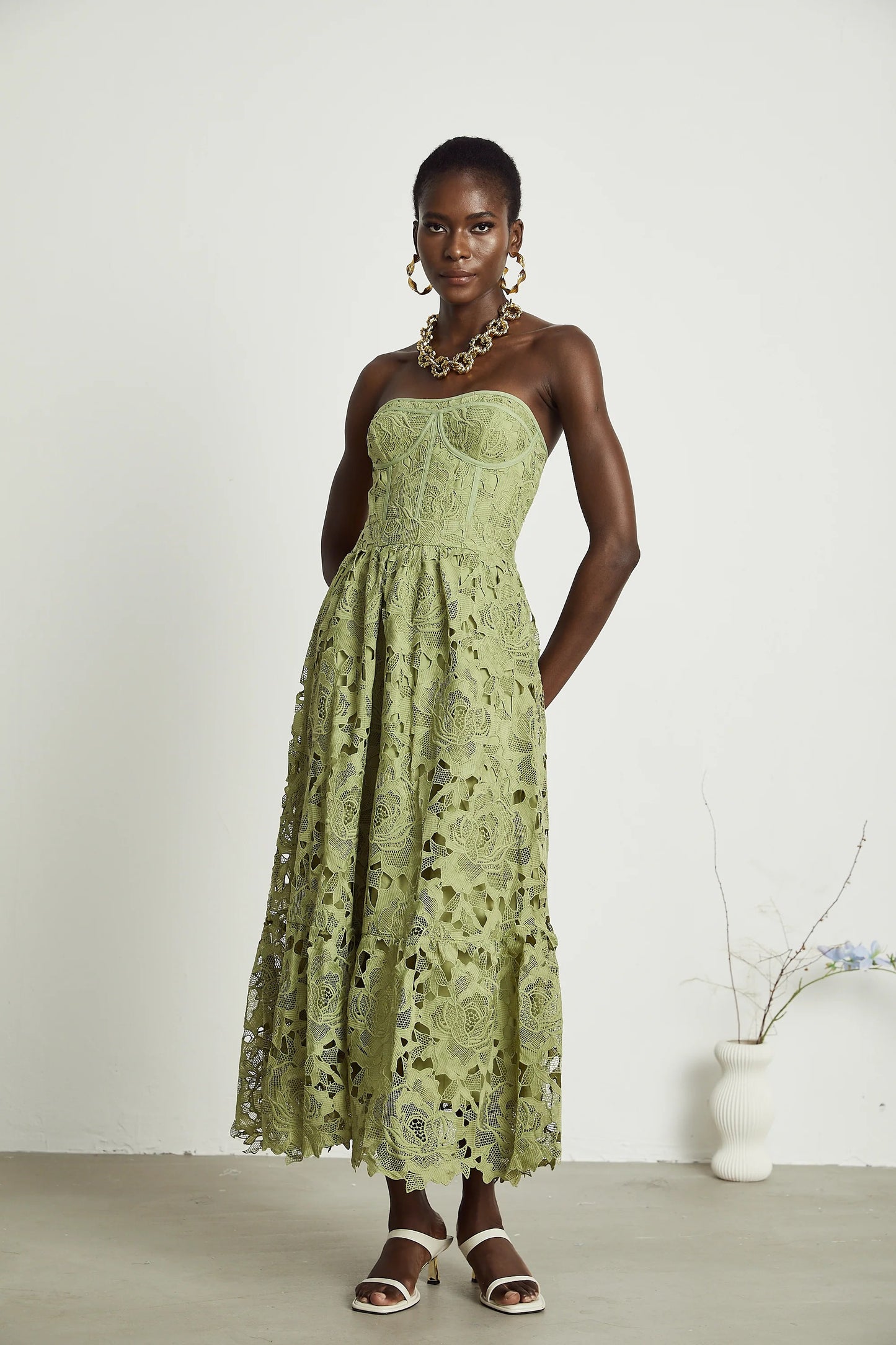 Ines lace floral embroidered cut-out midi dress in Green