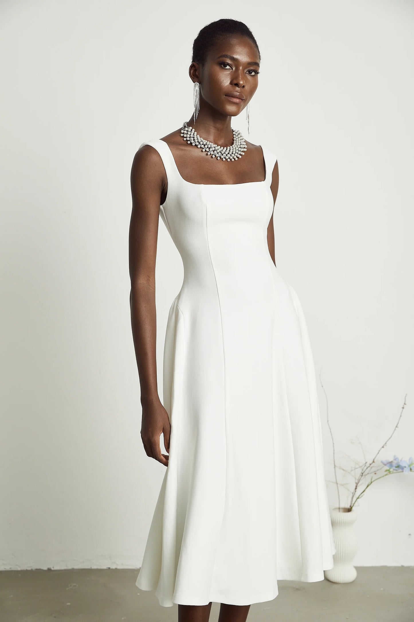Thala White Pleated Flared Midi Dress