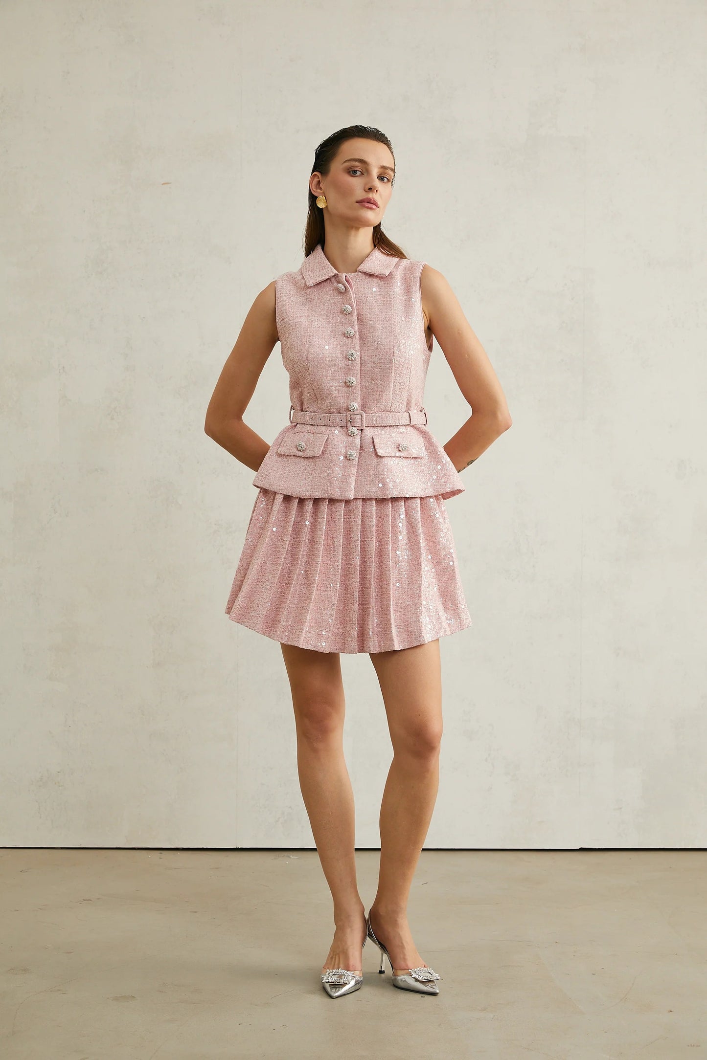 Elise Pink Pleated Embellished Mini Dress