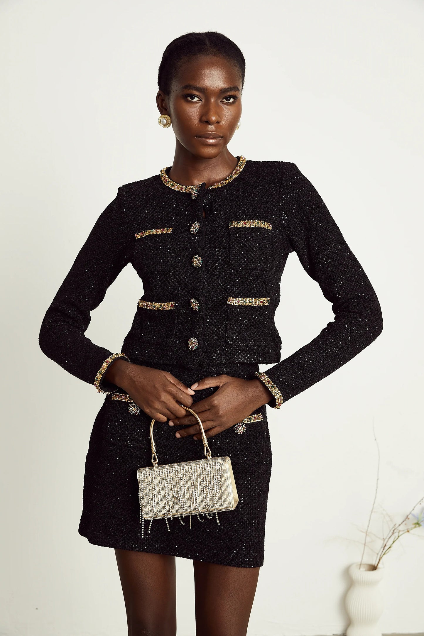 Ariane Black Sequined Tweed Jacket & Skirt Matching Set