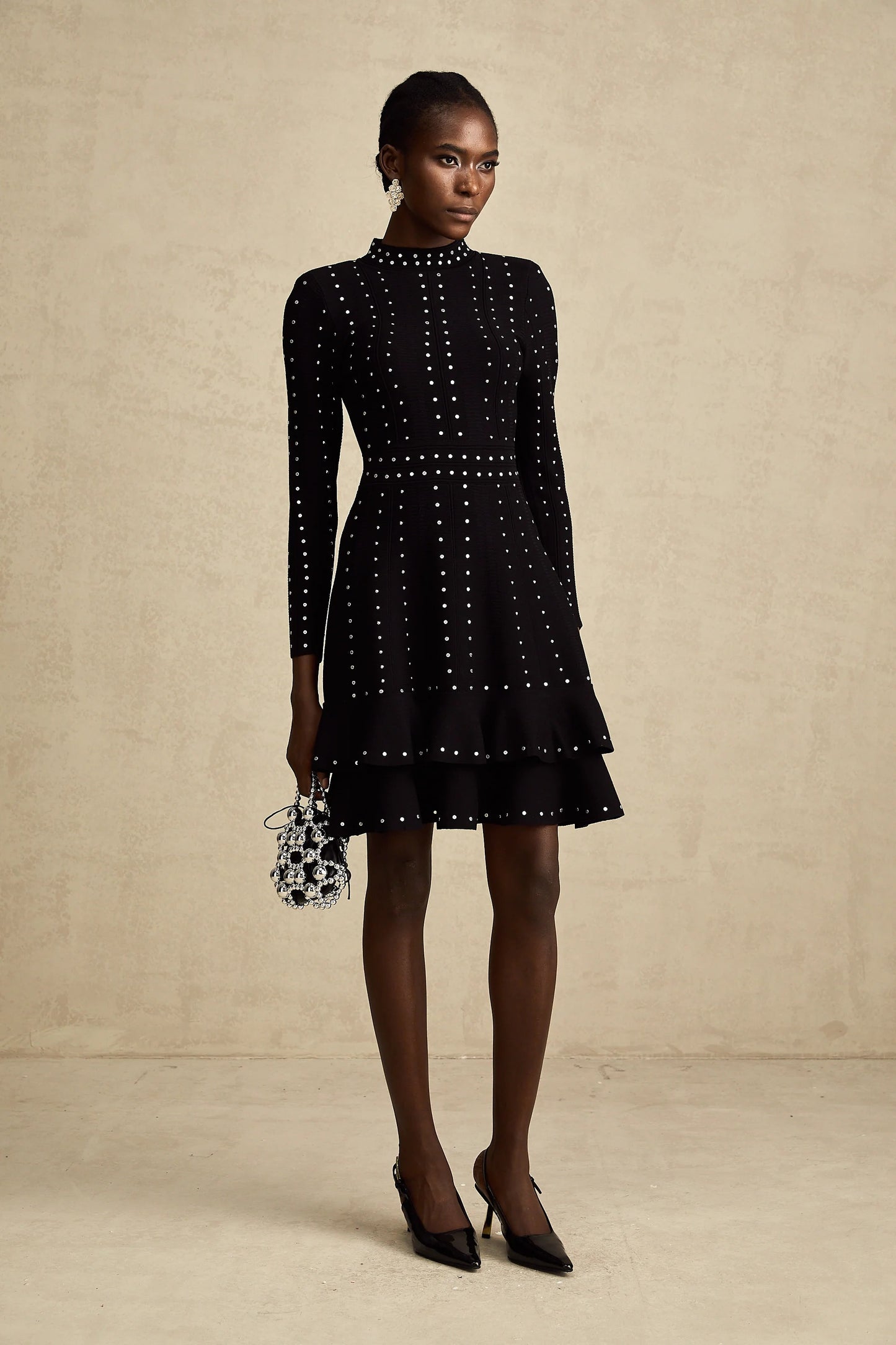 Fabienne Black Embellished Ruffled Knitted Mini Dress