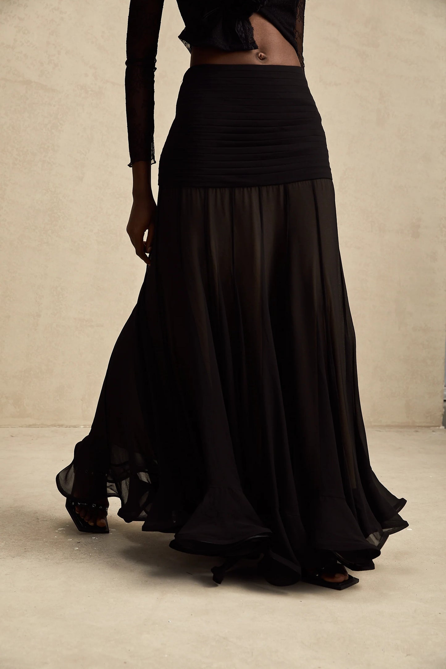 Jacqueline rayon ruffle pleated tulle maxi skirt