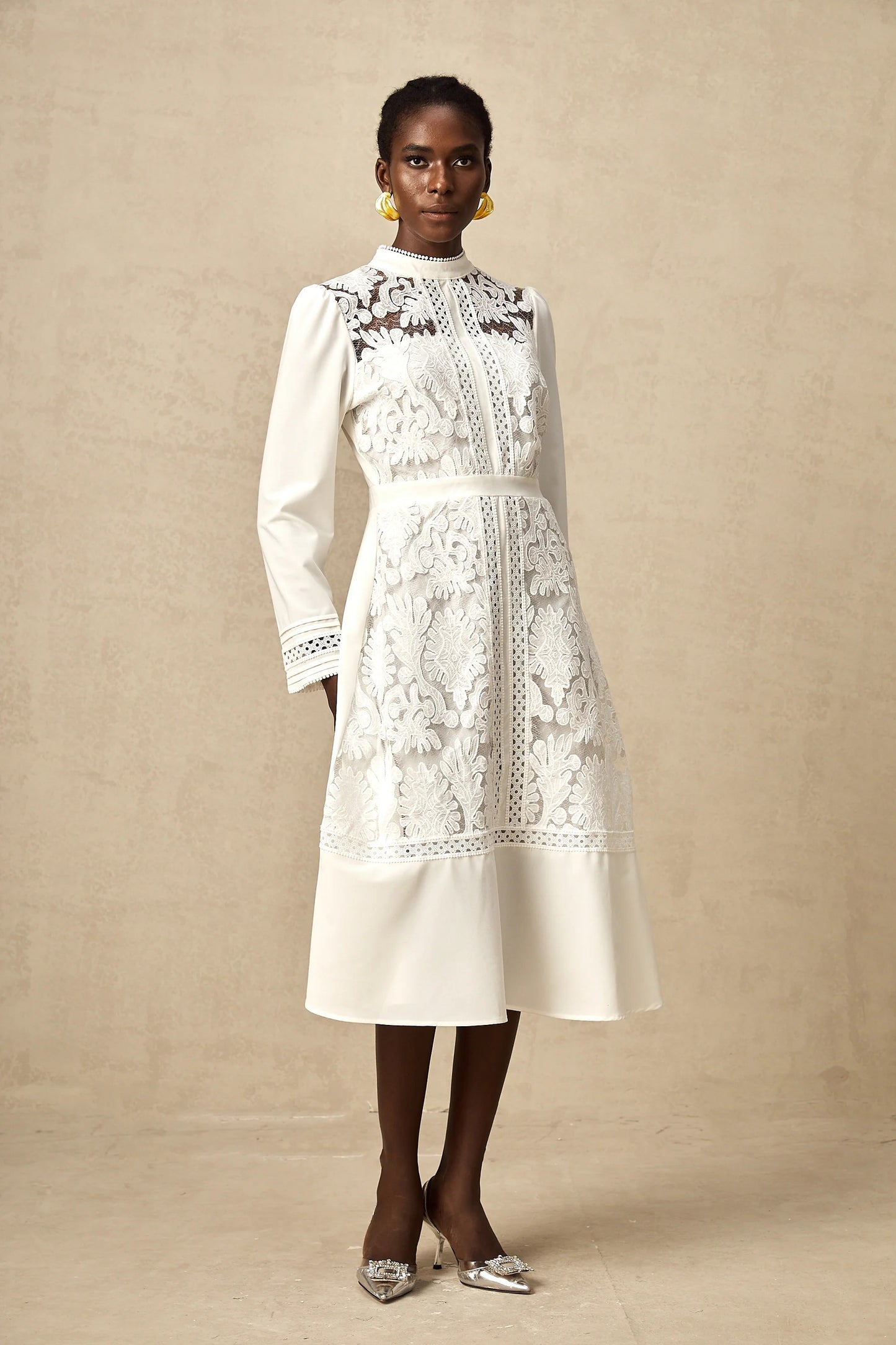 Madeleine White Panelled Embroidered Midi Dress