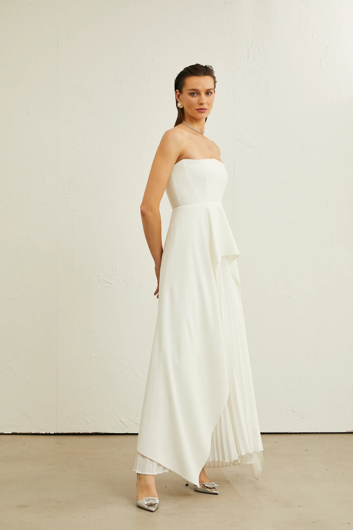 Vanessa White Pleated Off-Shoulder Maxi Dress