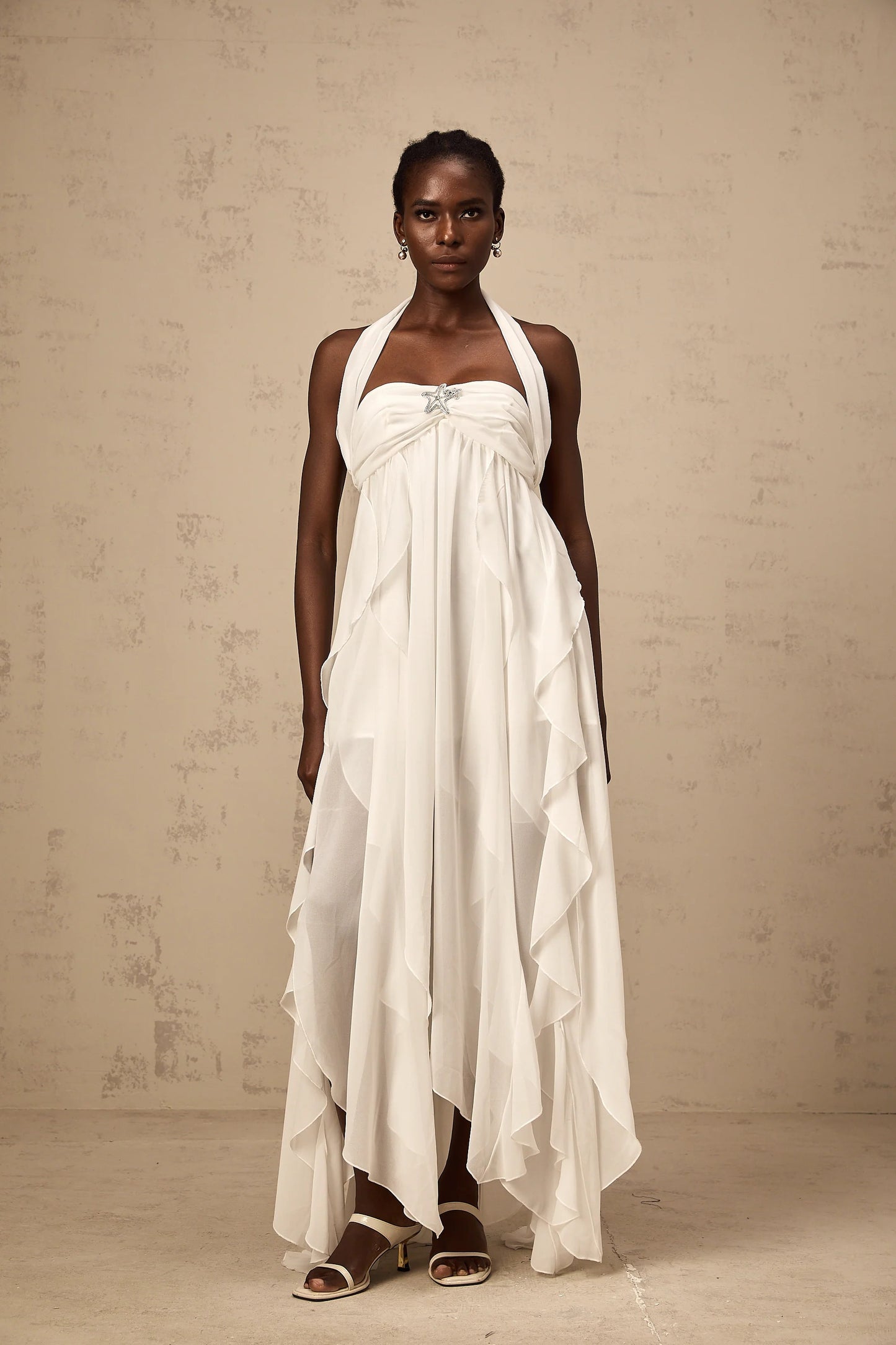 Mariah White Chiffon Ruffle Halterneck Maxi Dress
