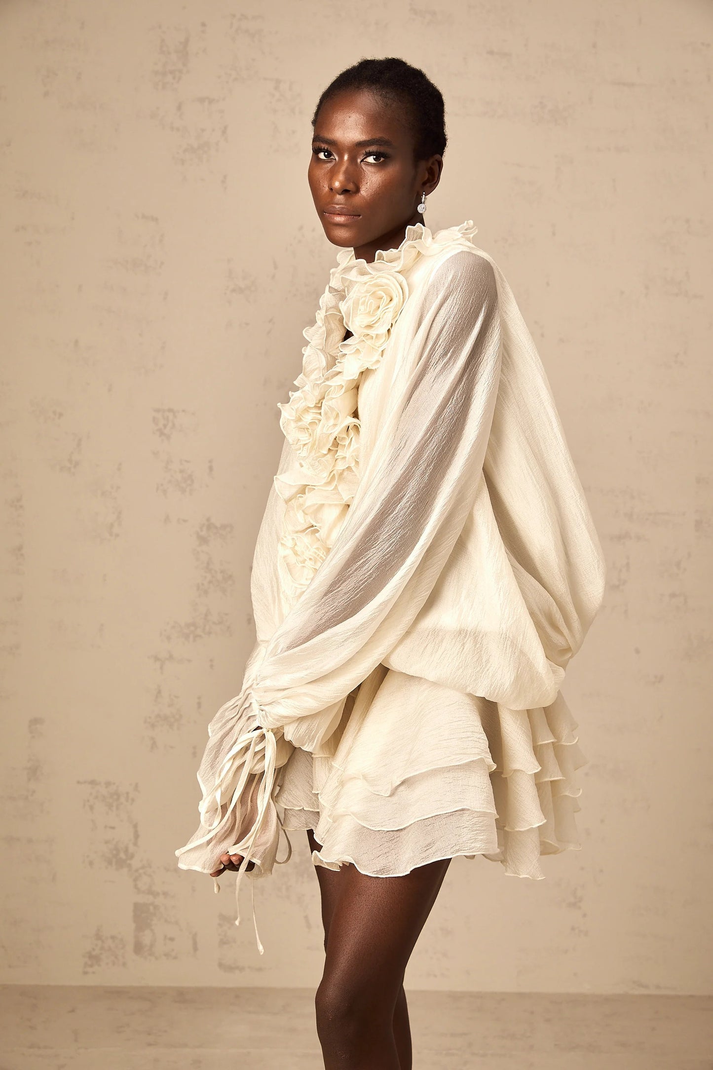Zephyrine Floral-Applique Tiered Mini Dress in Neutrals