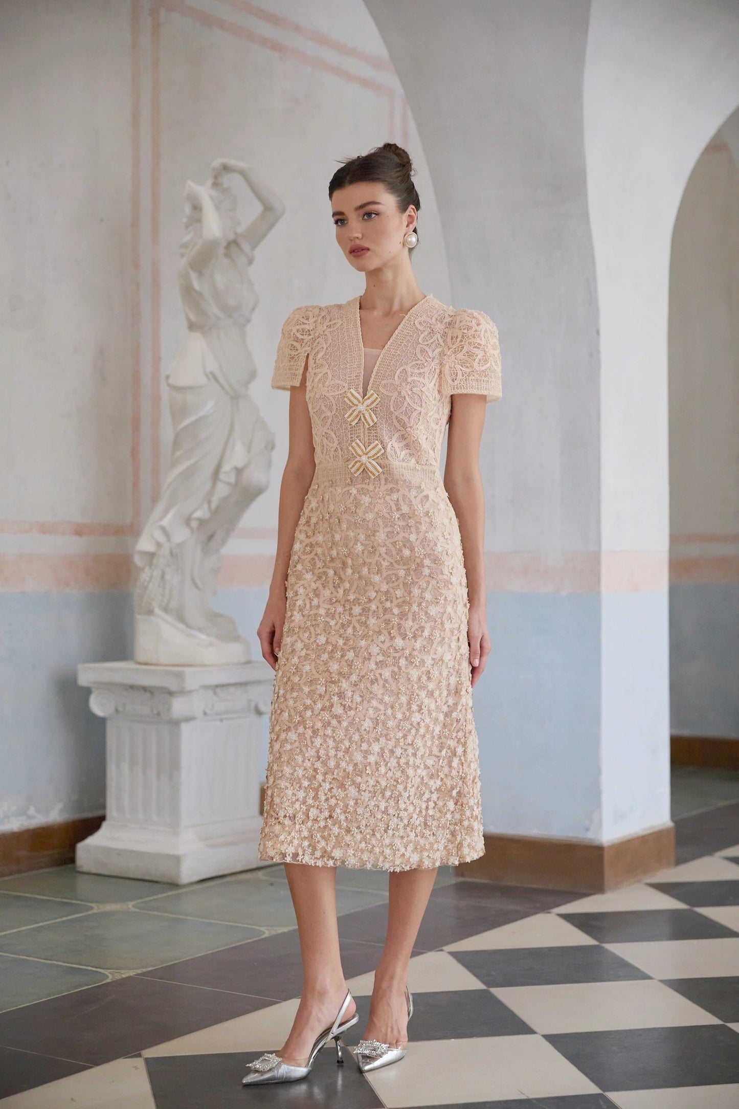 Berengere Neutrals Faux-Flower Crochet Midi Dress