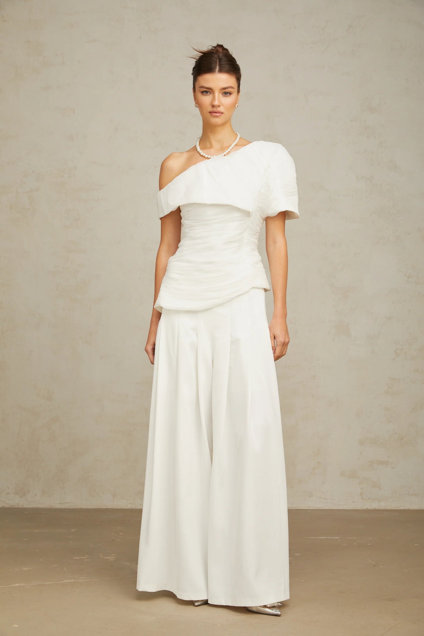 Adèle creased top & trousers matching set in White
