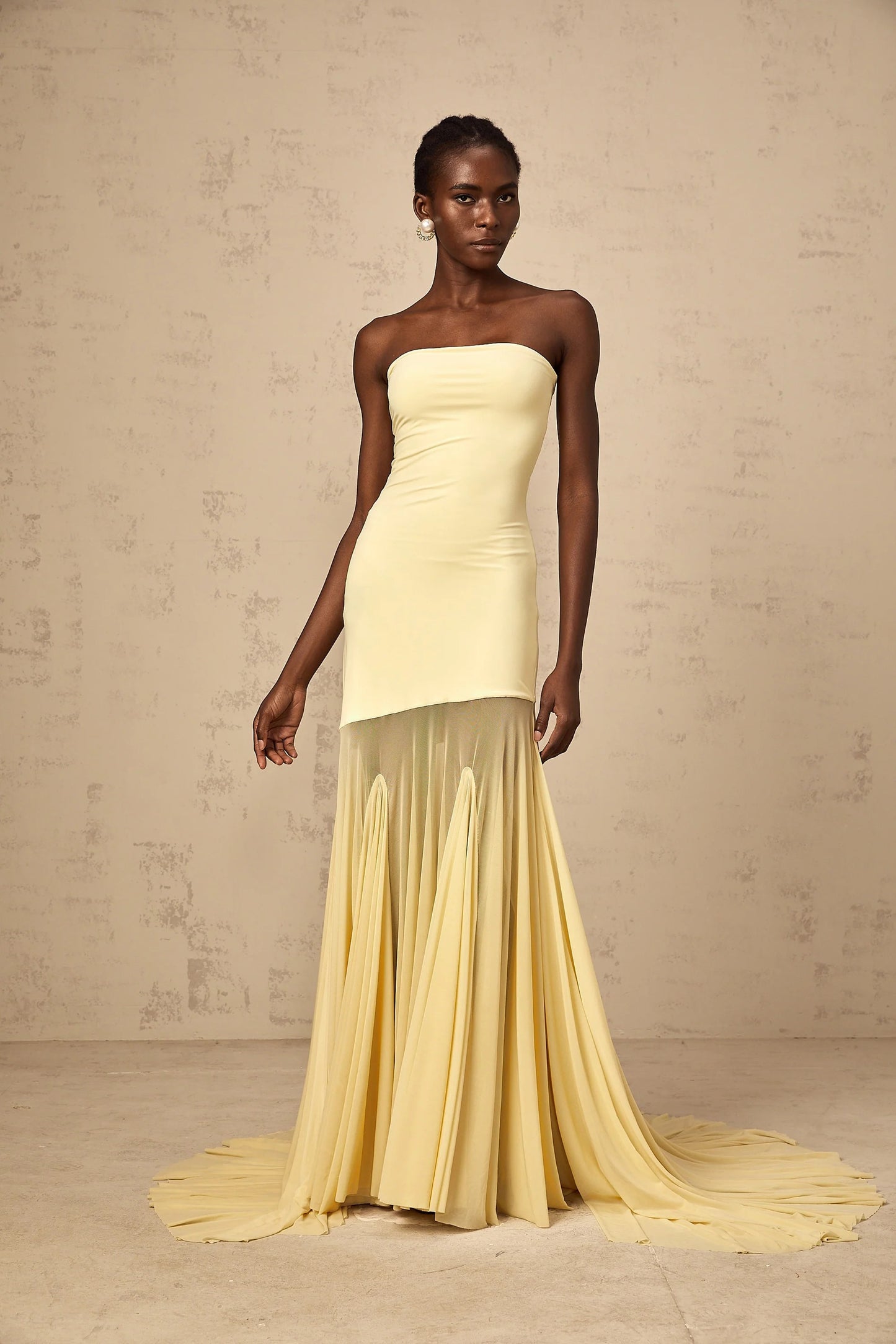Josiane Yellow Off-Shoulder Sheer Tulle Maxi Dress
