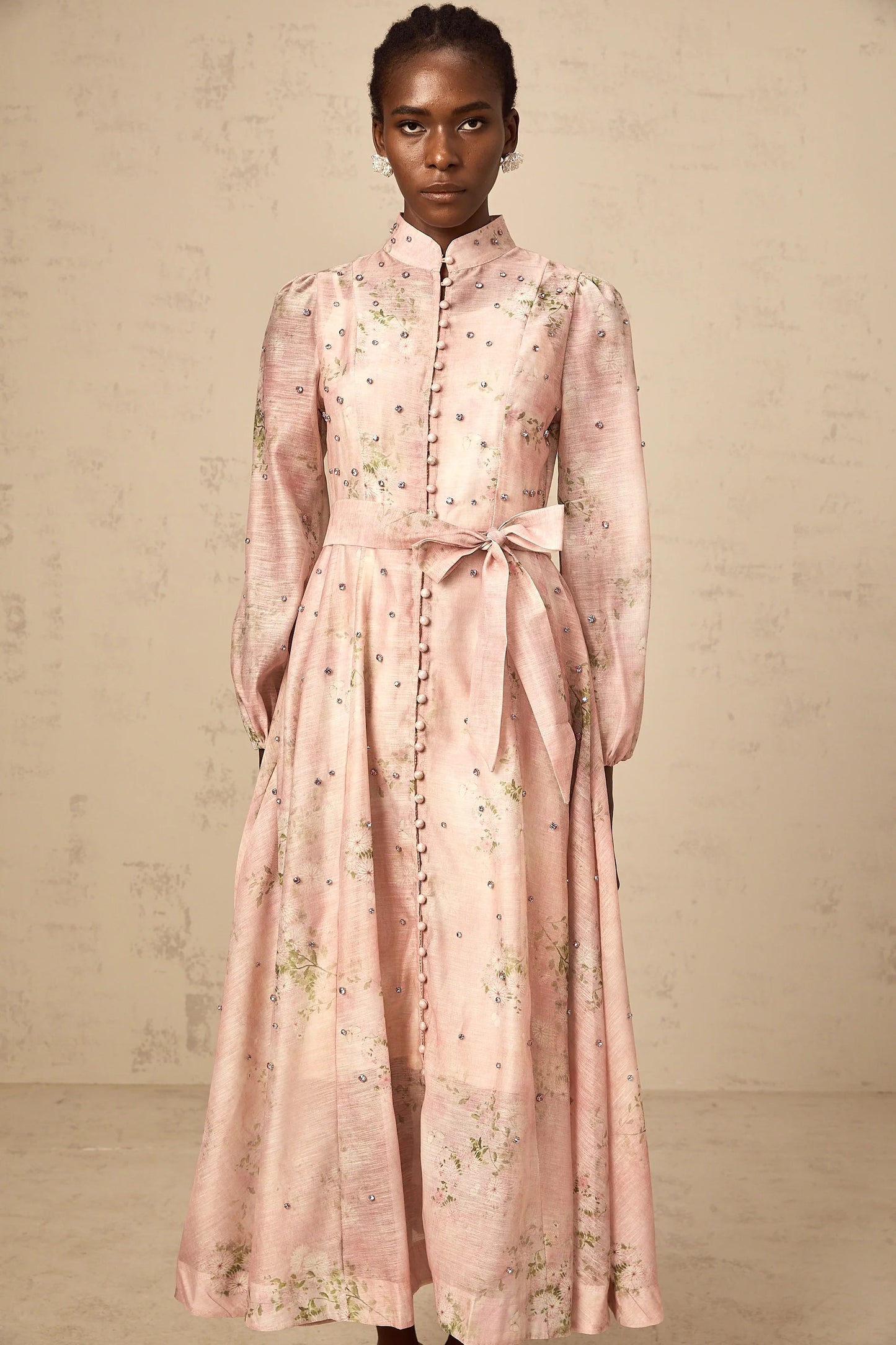 Narcisse Pink Embellished Floral-Print Midi Dress