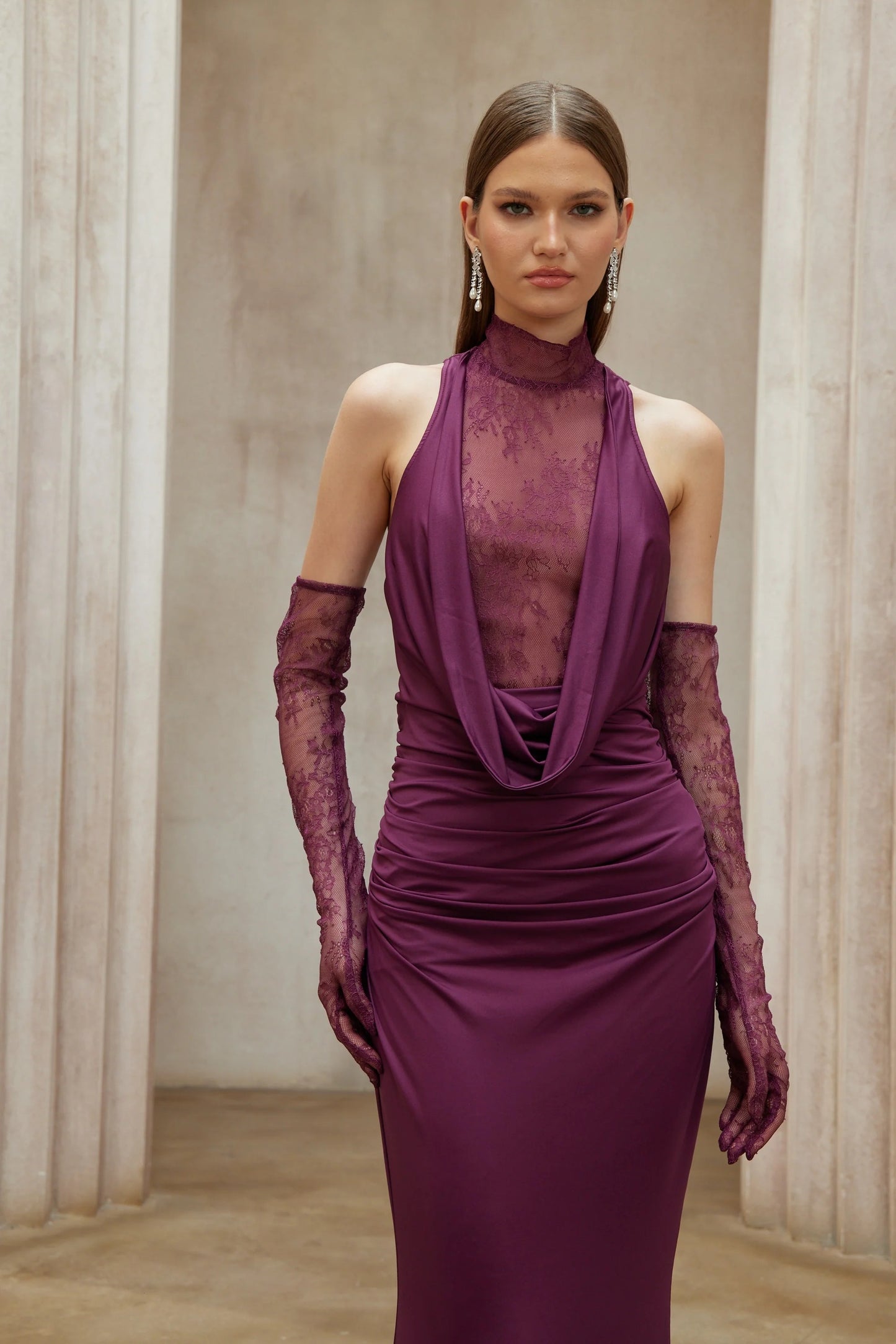 Borbala Magenta Lace Bodice Ruched Maxi Dress
