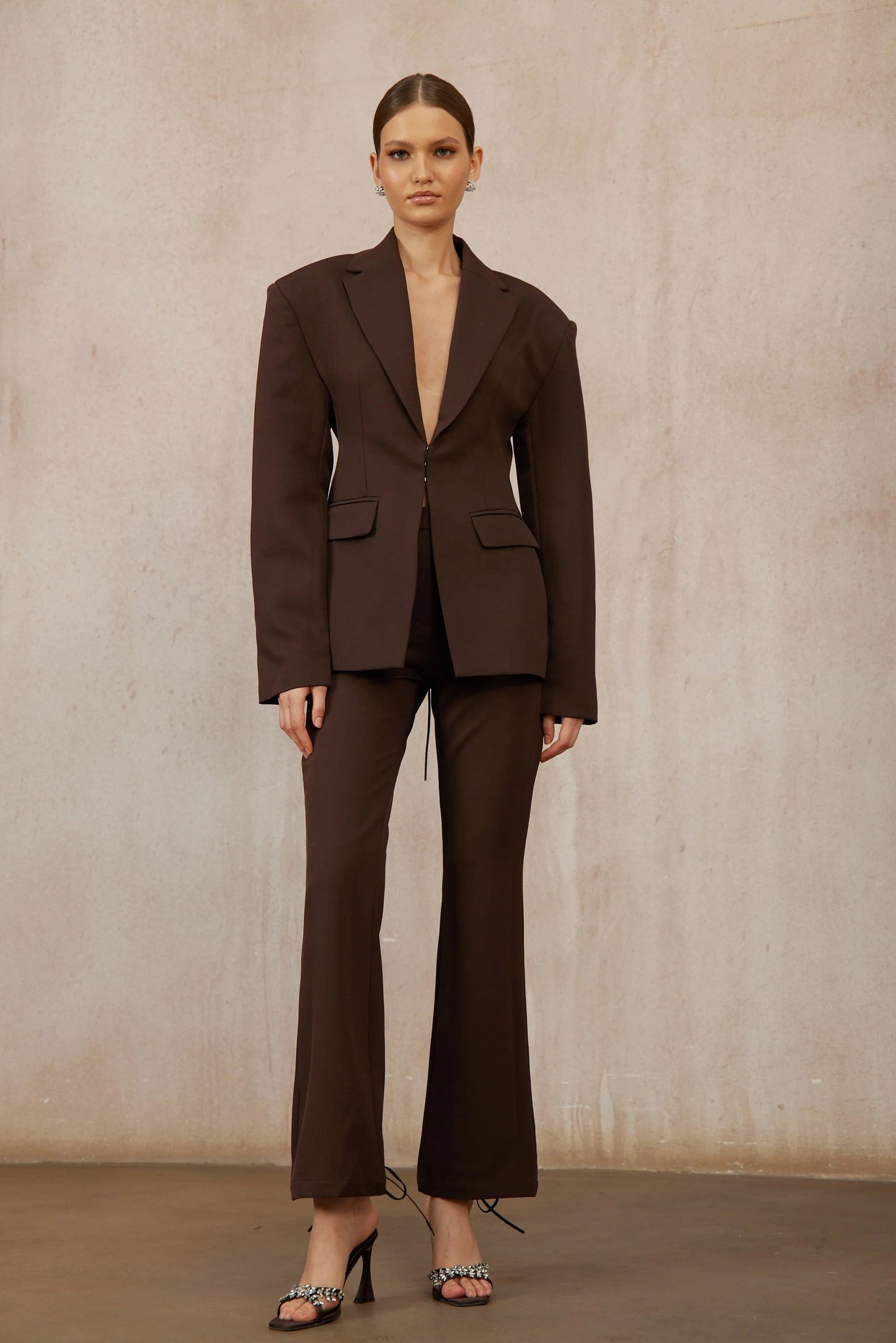 Prunille Brown Lace-Up Blazer & Trousers Set