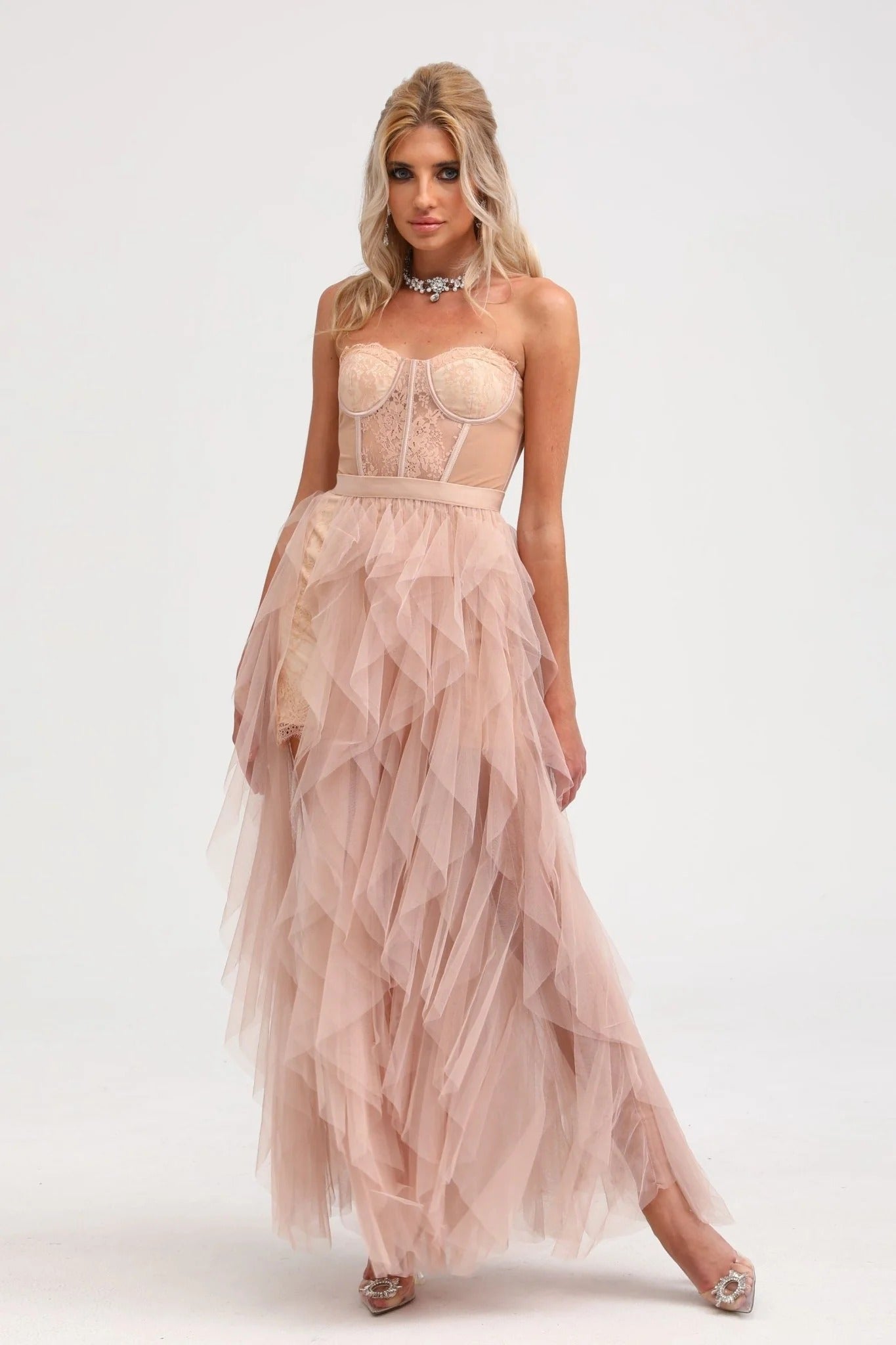 Eilis Pink Bustier Mesh Maxi Dress