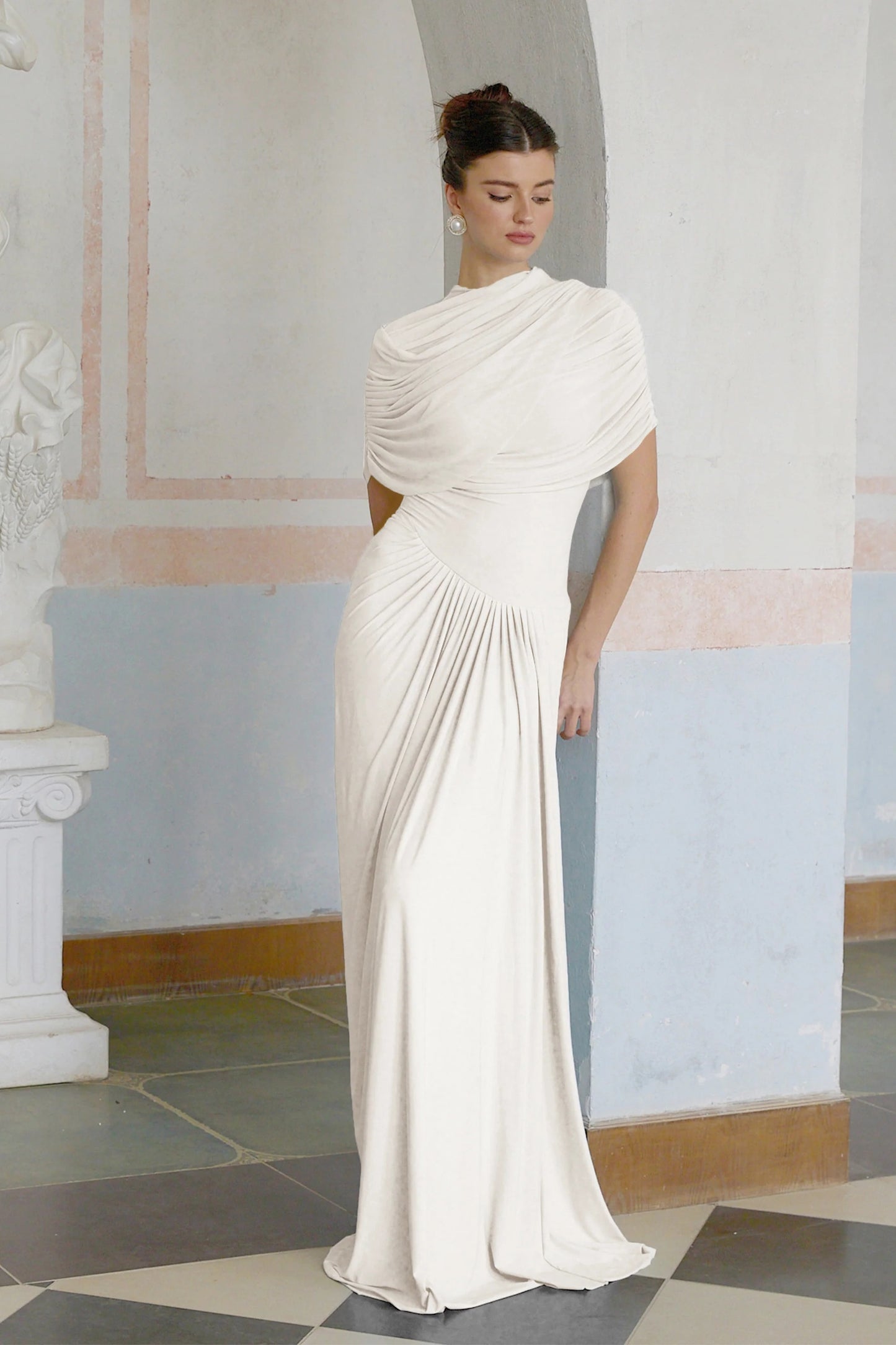 Catherine White Asymmetrical Pleated Maxi Dress