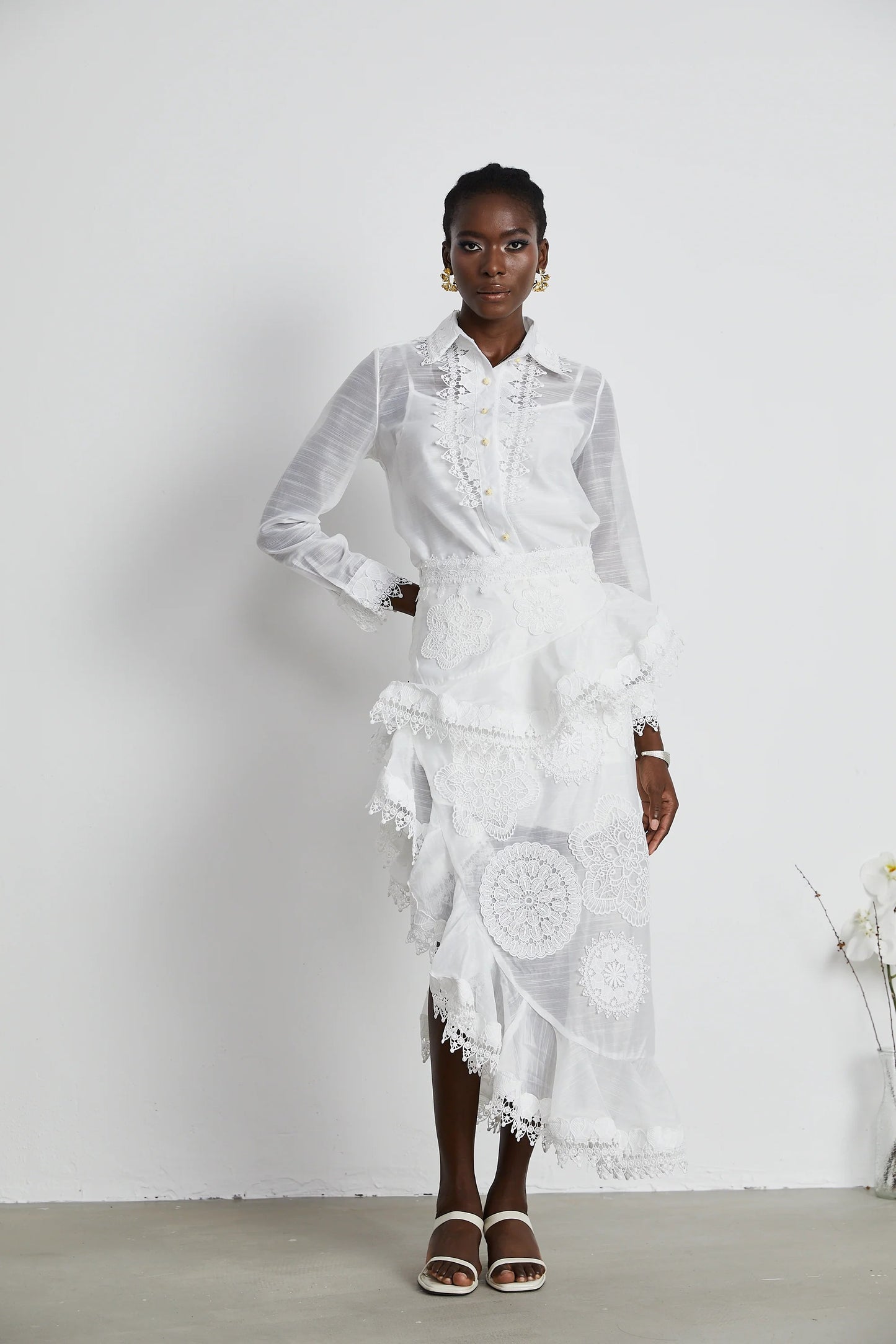 Renee White Semi-Sheer Shirt & Skirt Matching Set