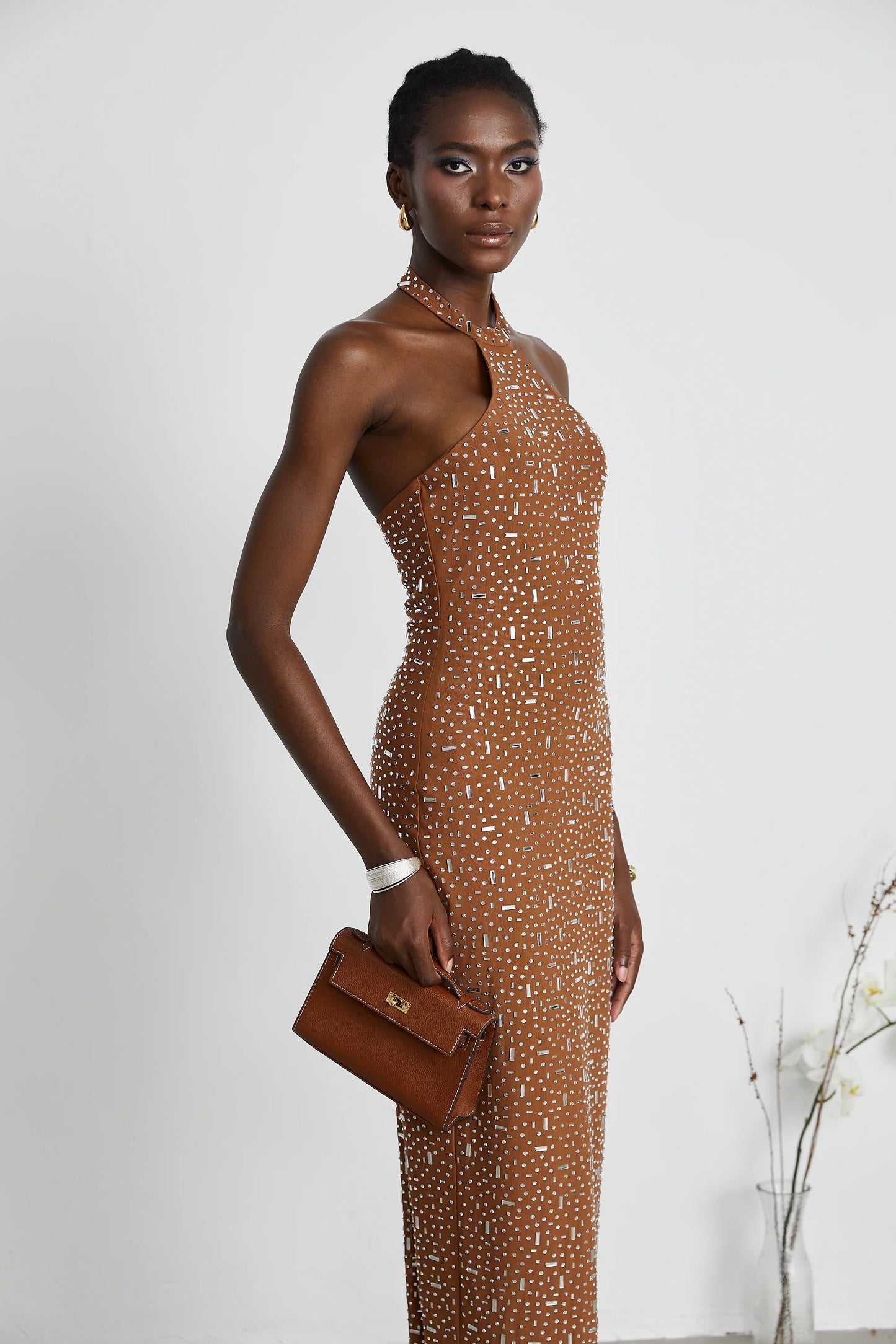 Desiree Brown Embellished Halter Neck Bodycon Maxi Dress
