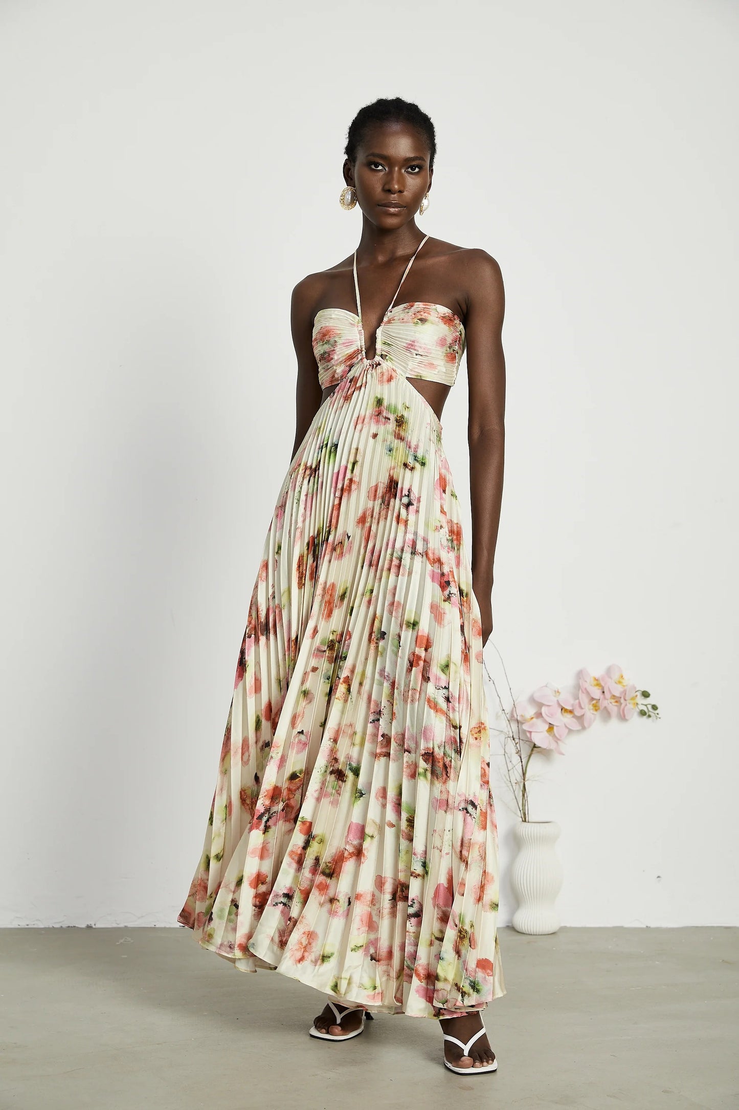 Andrea Cut-Out Floral-Print Pleated Maxi Dress