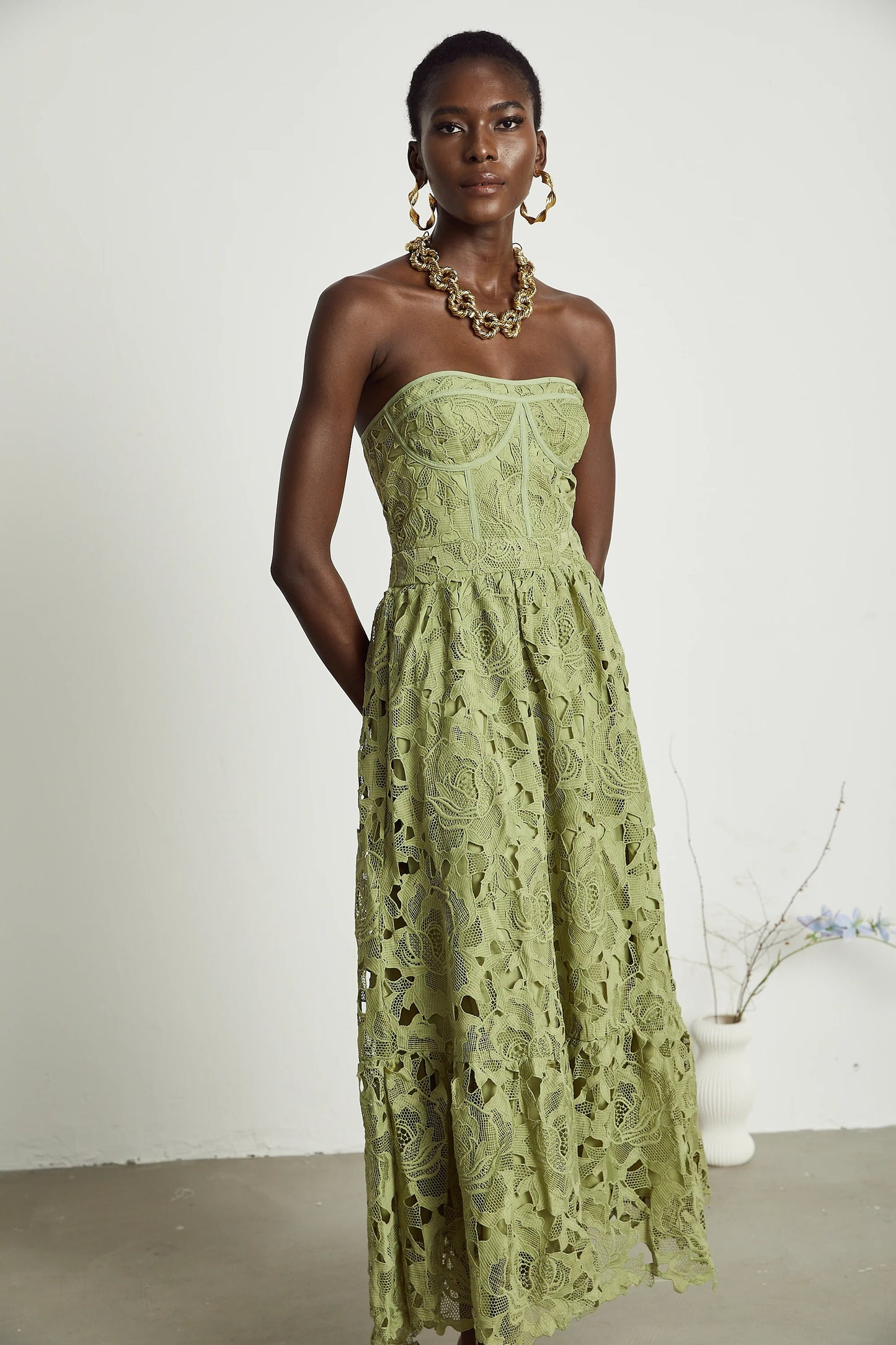 Ines lace floral embroidered cut-out midi dress in Green