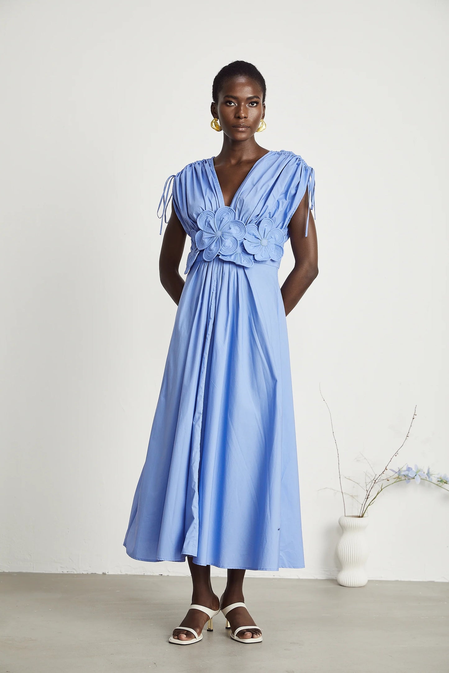 Emma Petal-Detail Drawstring Maxi Dress in Blue