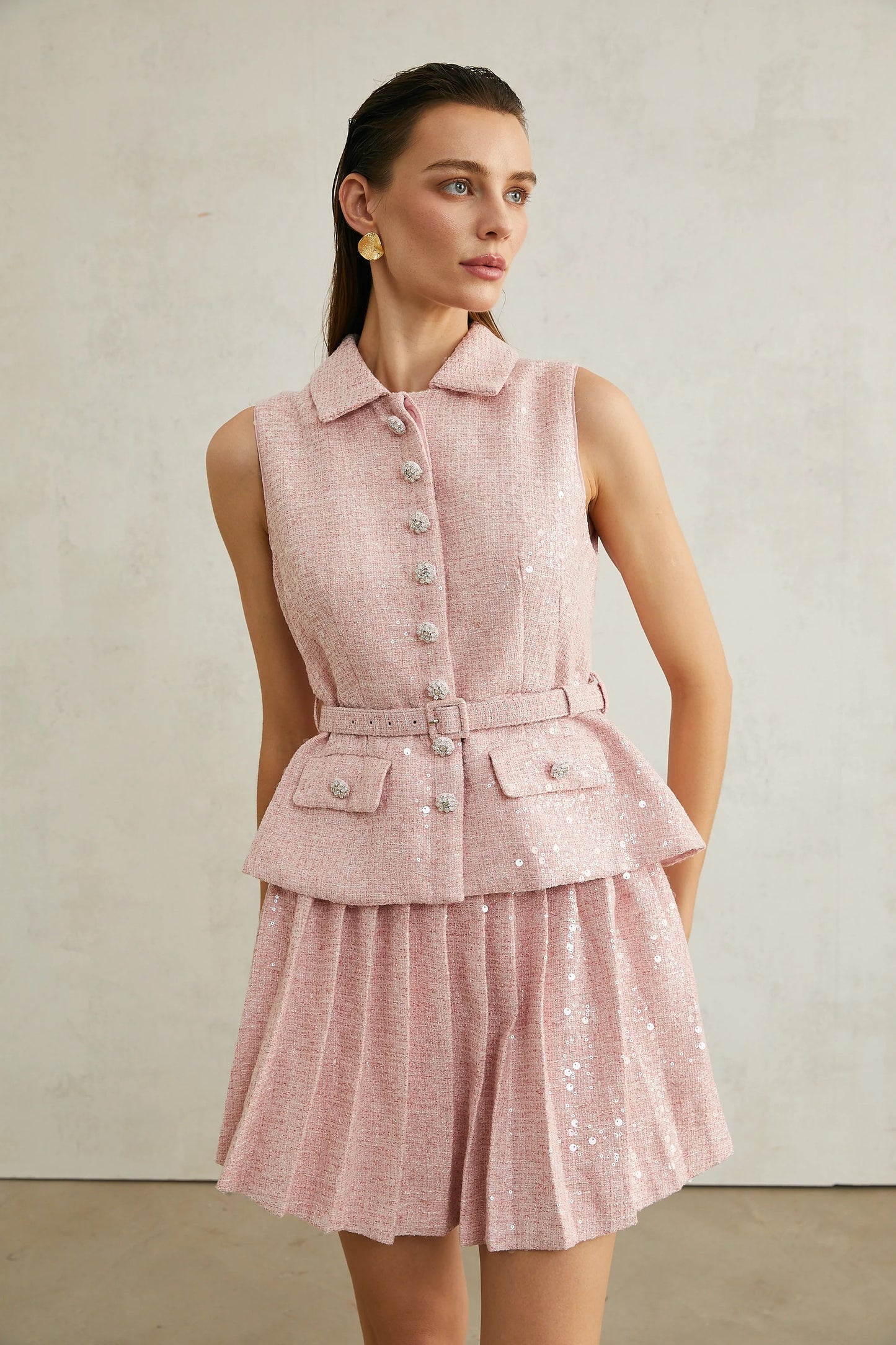 Elise Pink Pleated Embellished Mini Dress