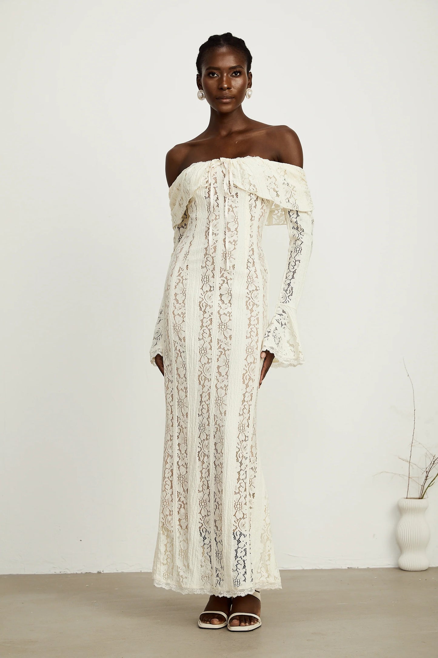 Emeline Floral Lace Flared-Cuff Maxi Dress in Neutrals