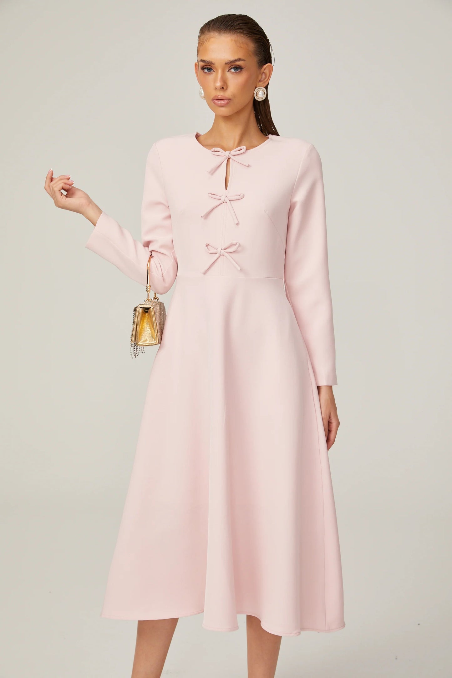 Elise pink bow-detail split-neck midi dress