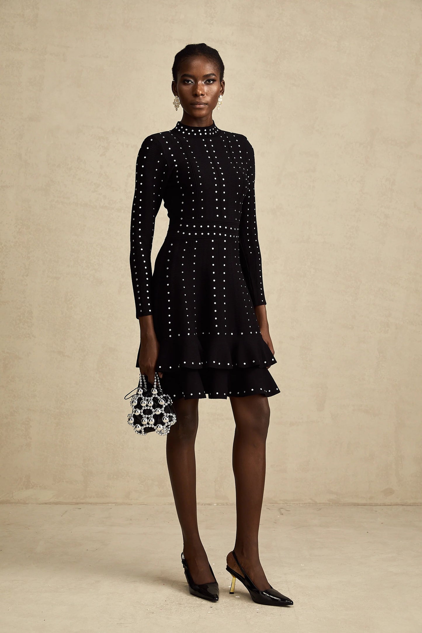 Fabienne Black Embellished Ruffled Knitted Mini Dress