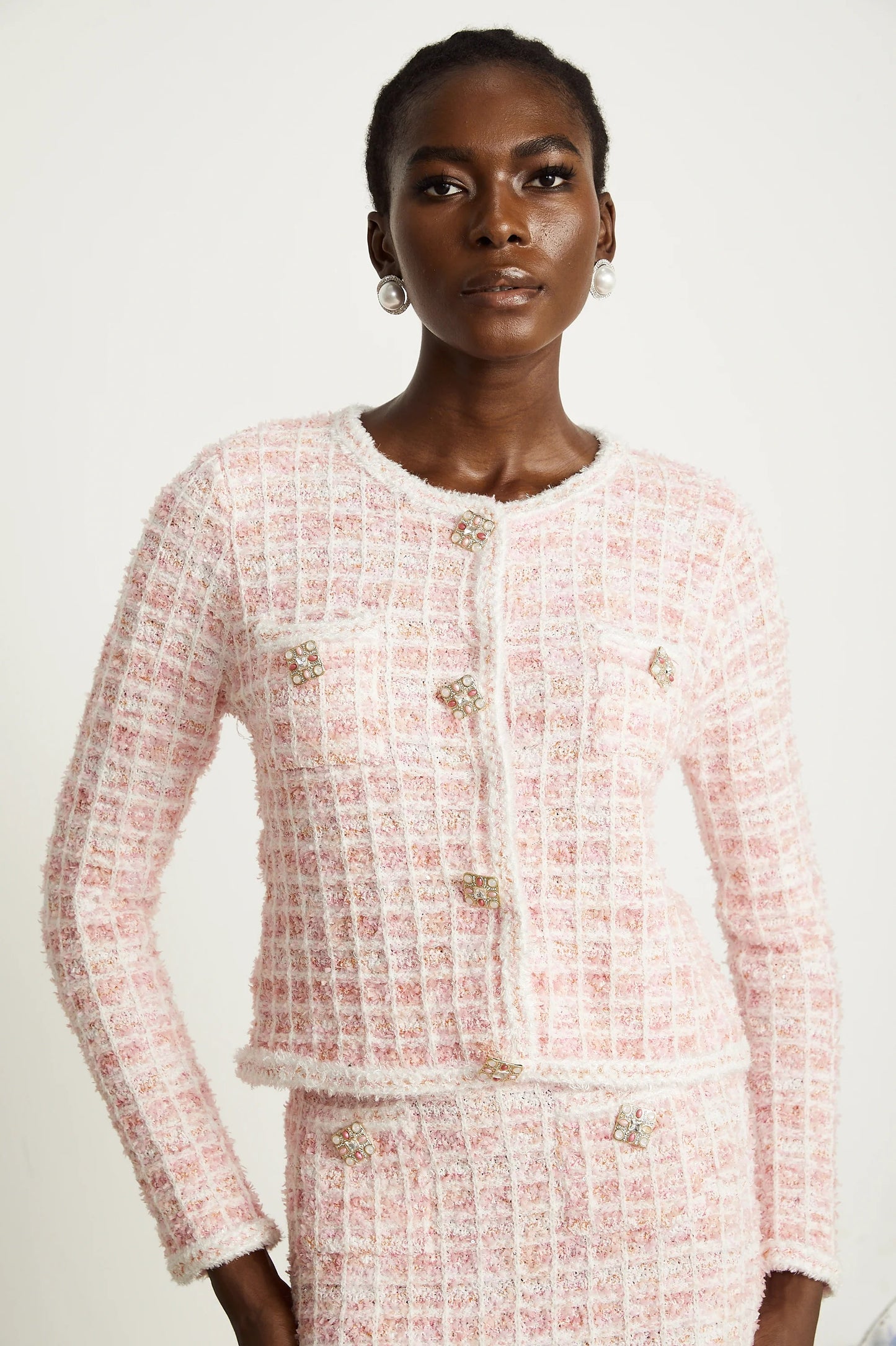 Capucine pink check-pattern cardigan & skirt matching set