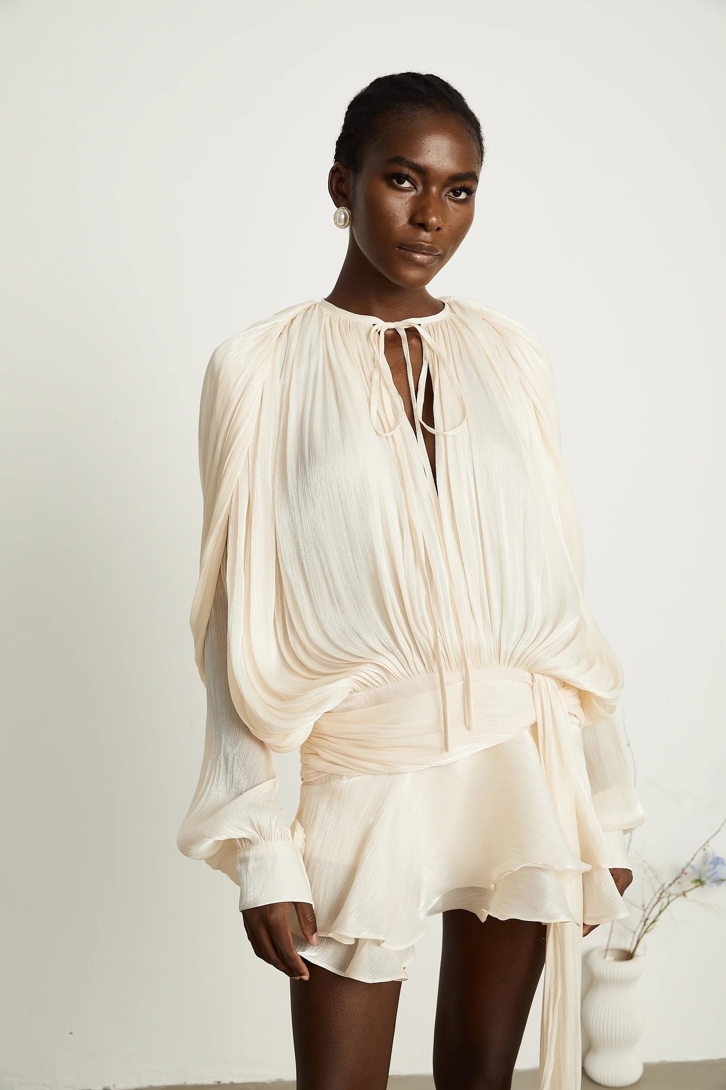 Eugenie Neutral Fully Pleated Ruffled Mini Dress