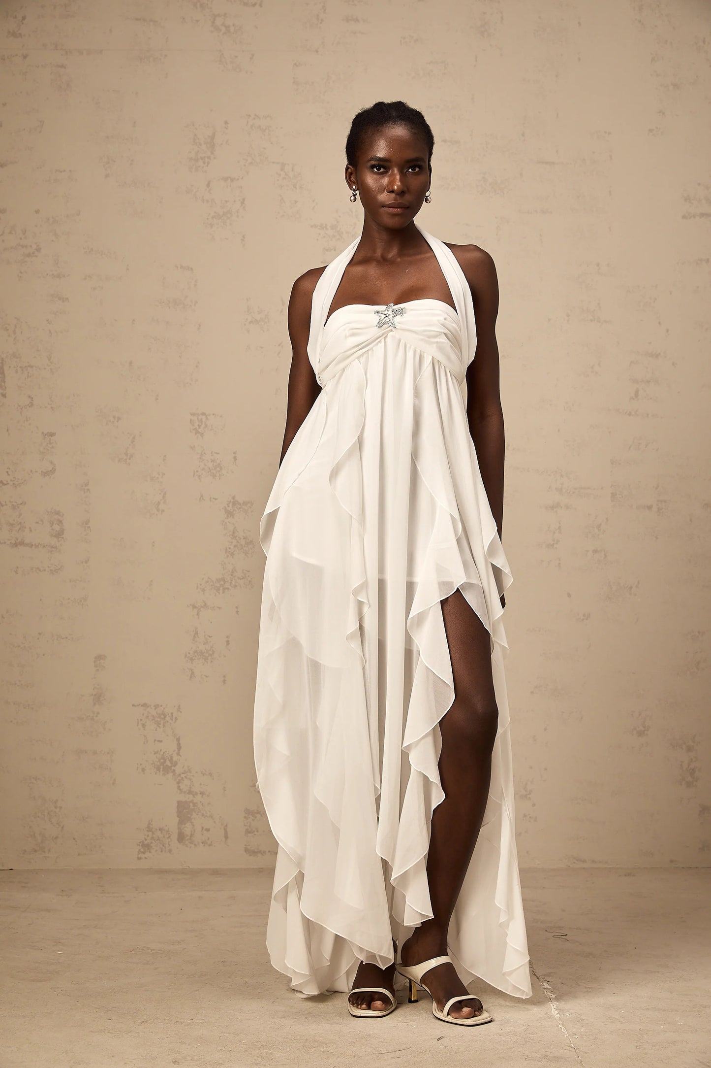 Mariah White Chiffon Ruffle Halterneck Maxi Dress