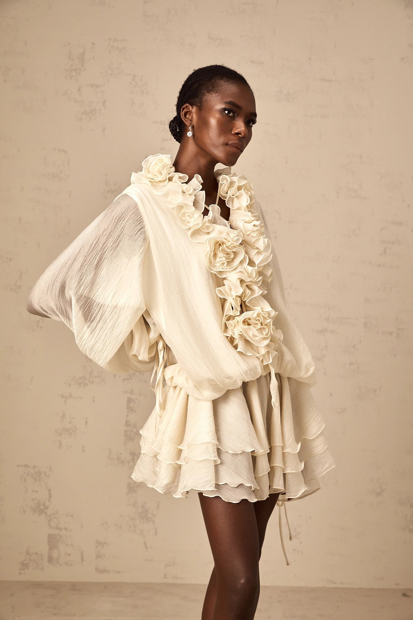 Zephyrine Floral-Applique Tiered Mini Dress in Neutrals