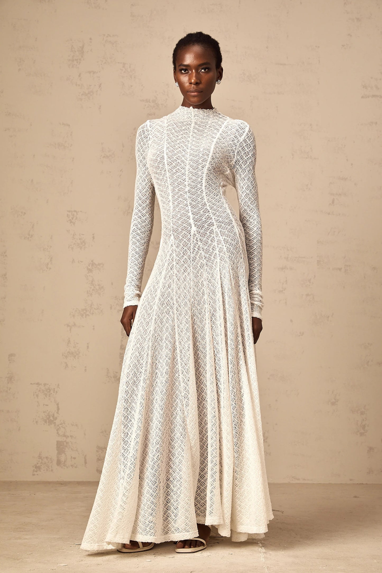 Athena Wavy-Pattern Lace Maxi Dress in White