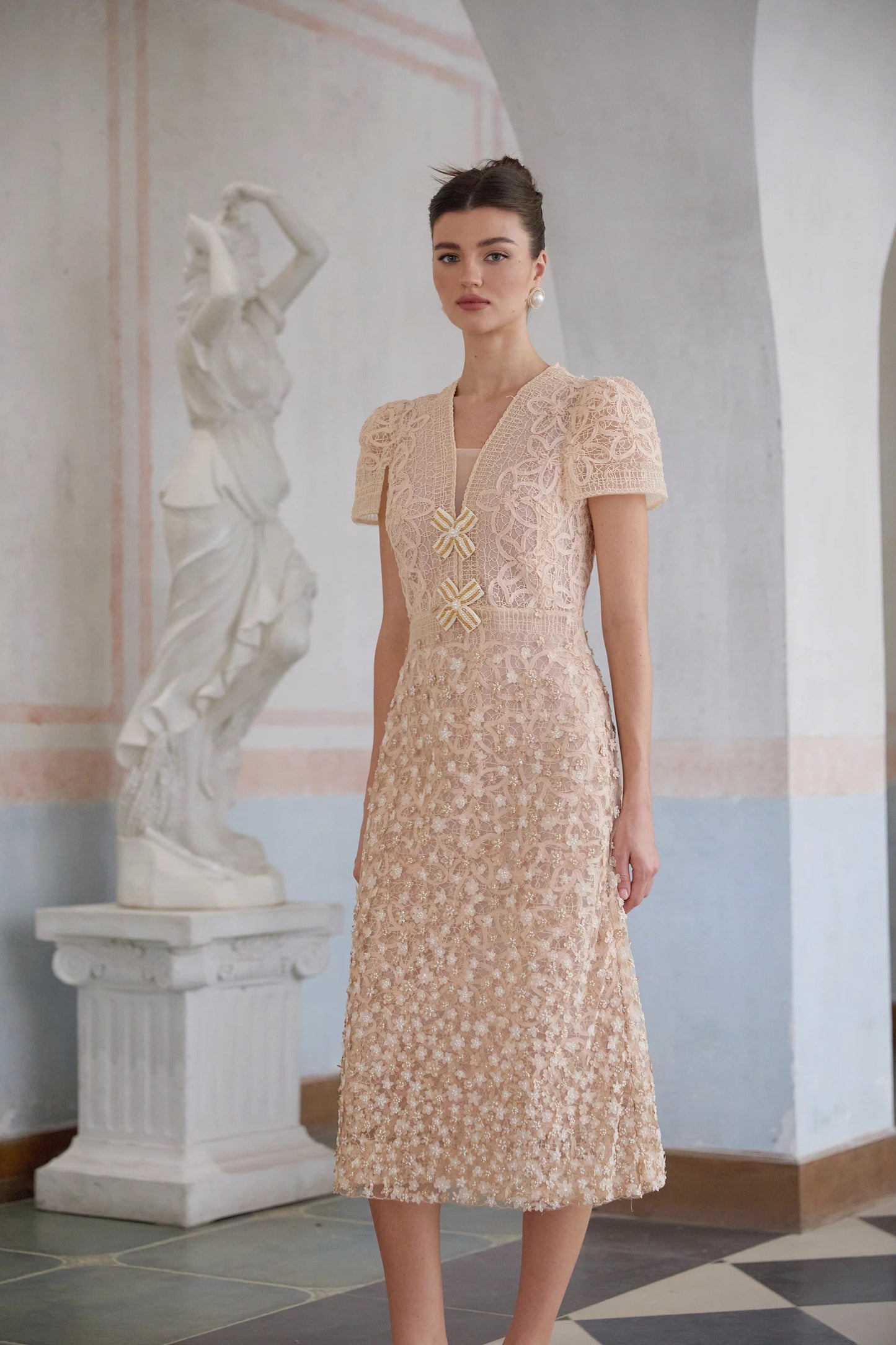 Berengere Neutrals Faux-Flower Crochet Midi Dress