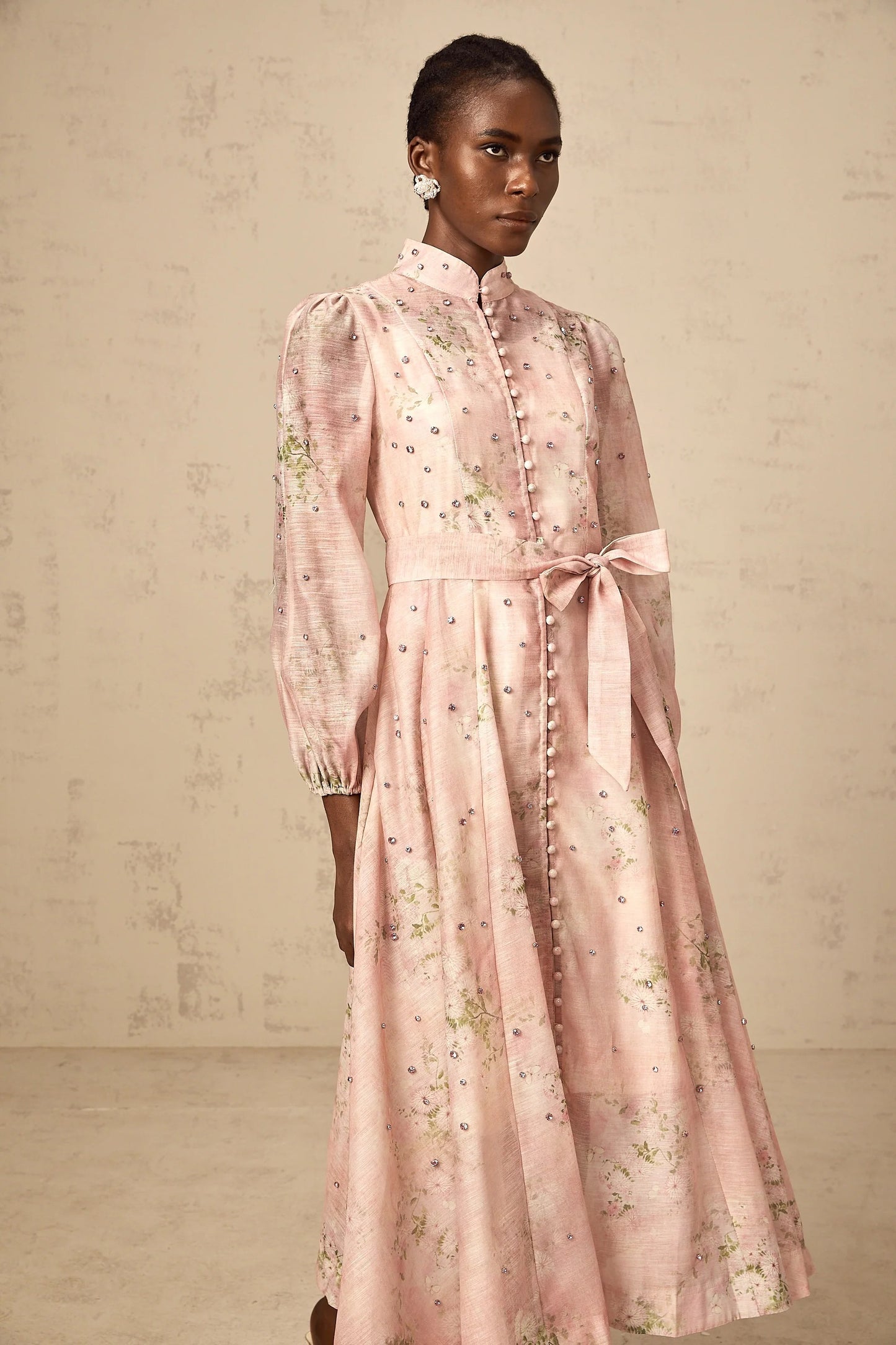 Narcisse Pink Embellished Floral-Print Midi Dress