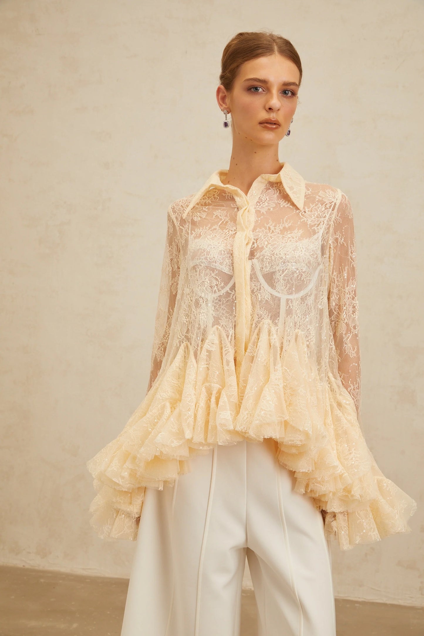 Ingrid Neutral Peplum Floral Lace Blouse