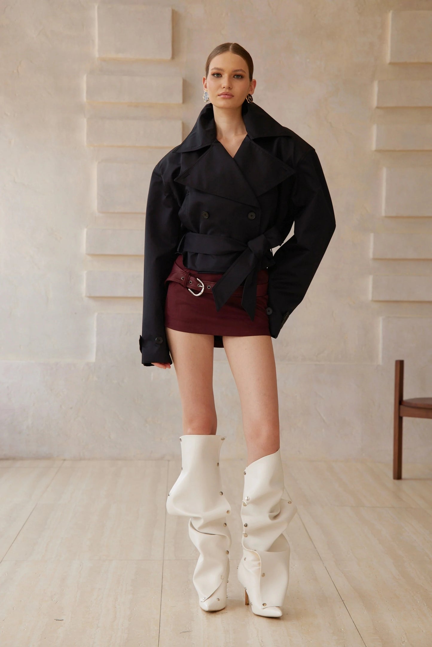 Avril Black Double-Breasted Short Trench Coat