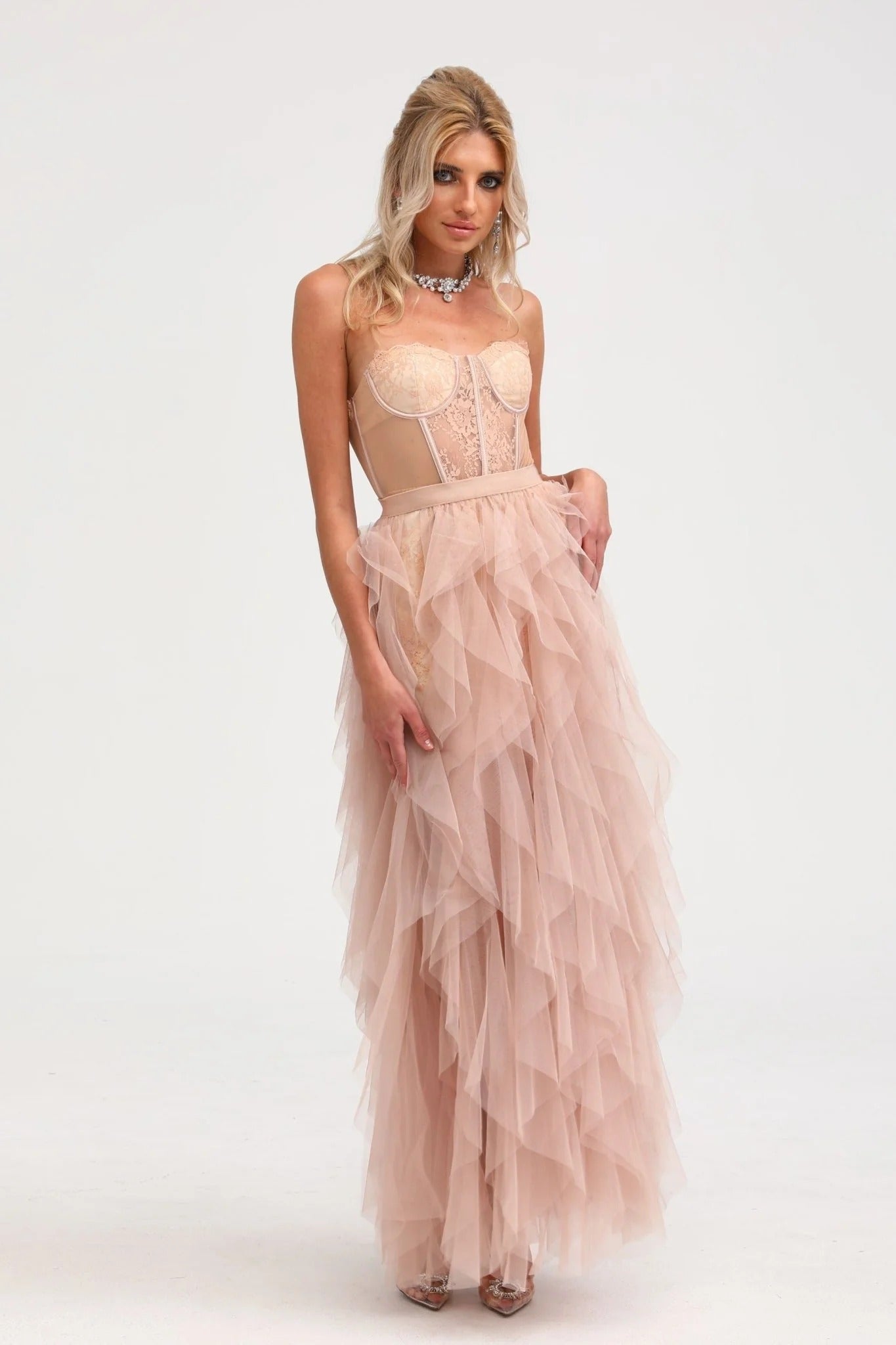 Eilis Pink Bustier Mesh Maxi Dress