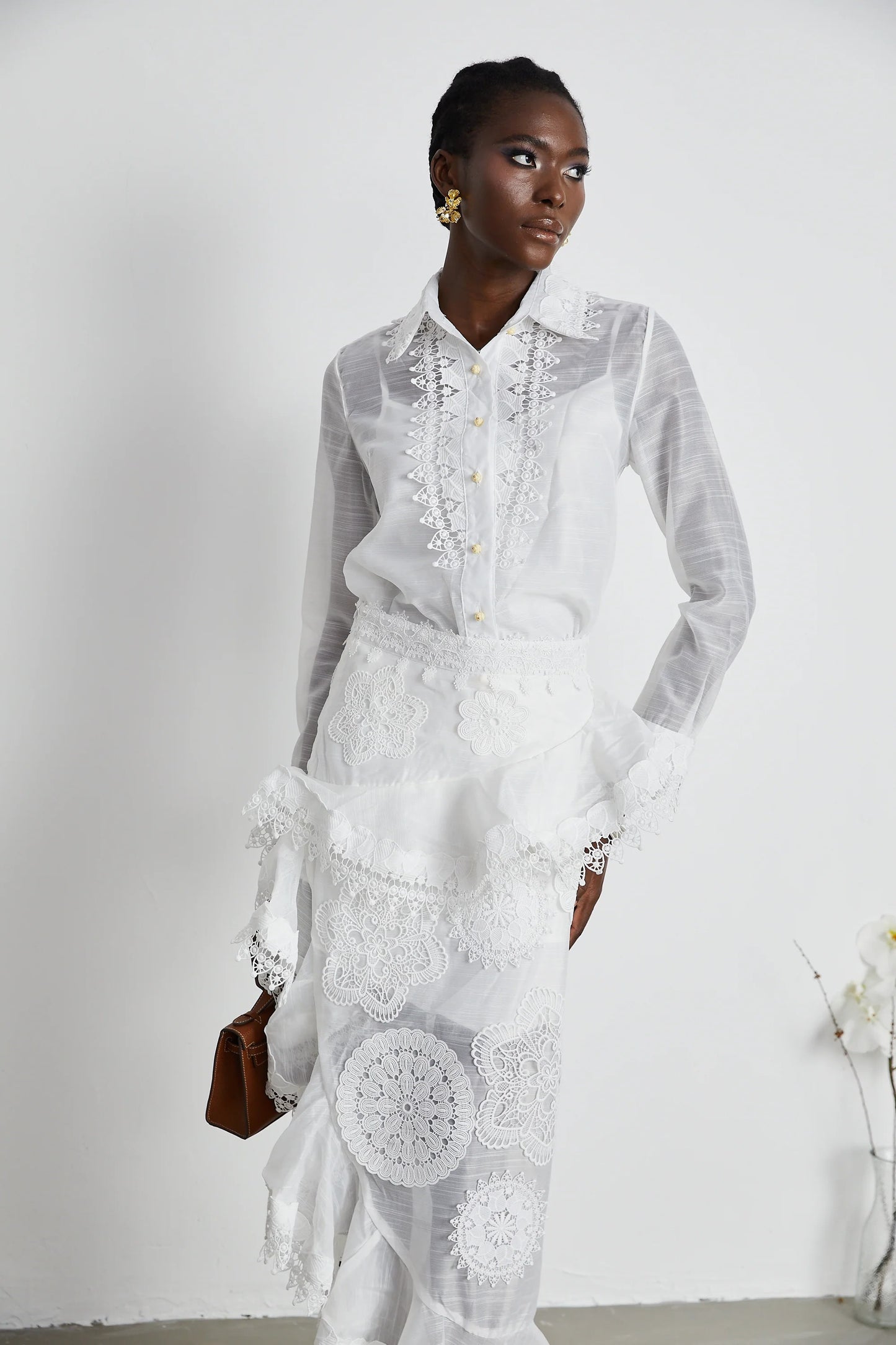Renee White Semi-Sheer Shirt & Skirt Matching Set