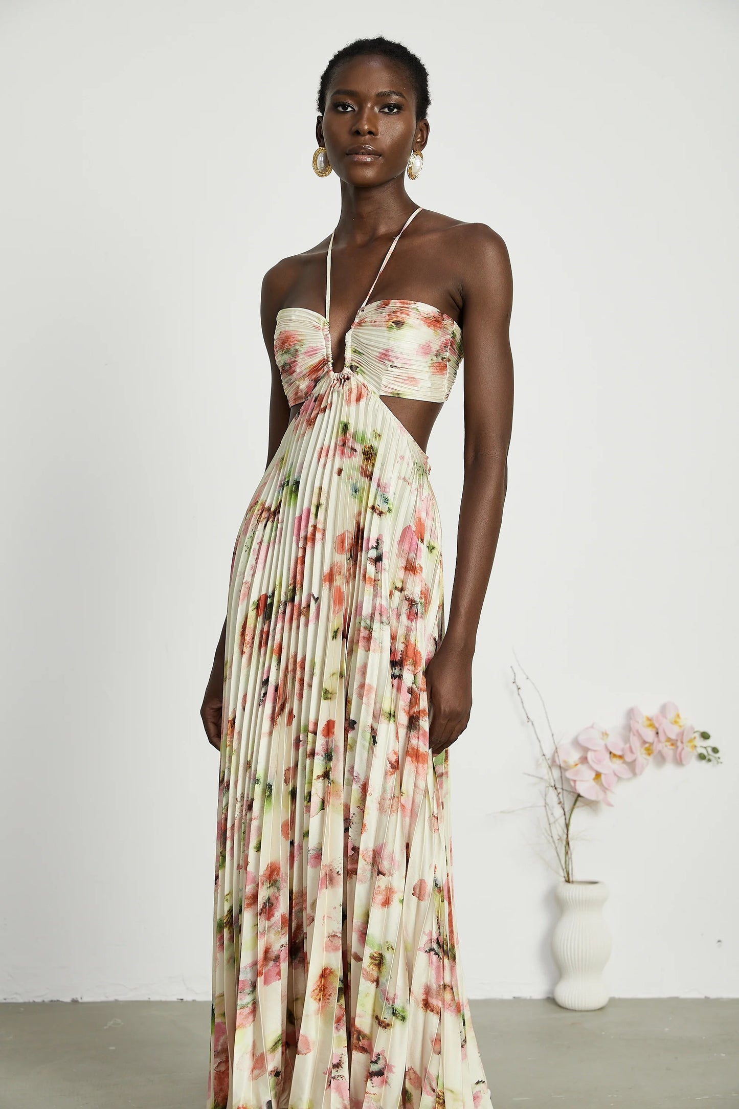 Andrea Cut-Out Floral-Print Pleated Maxi Dress
