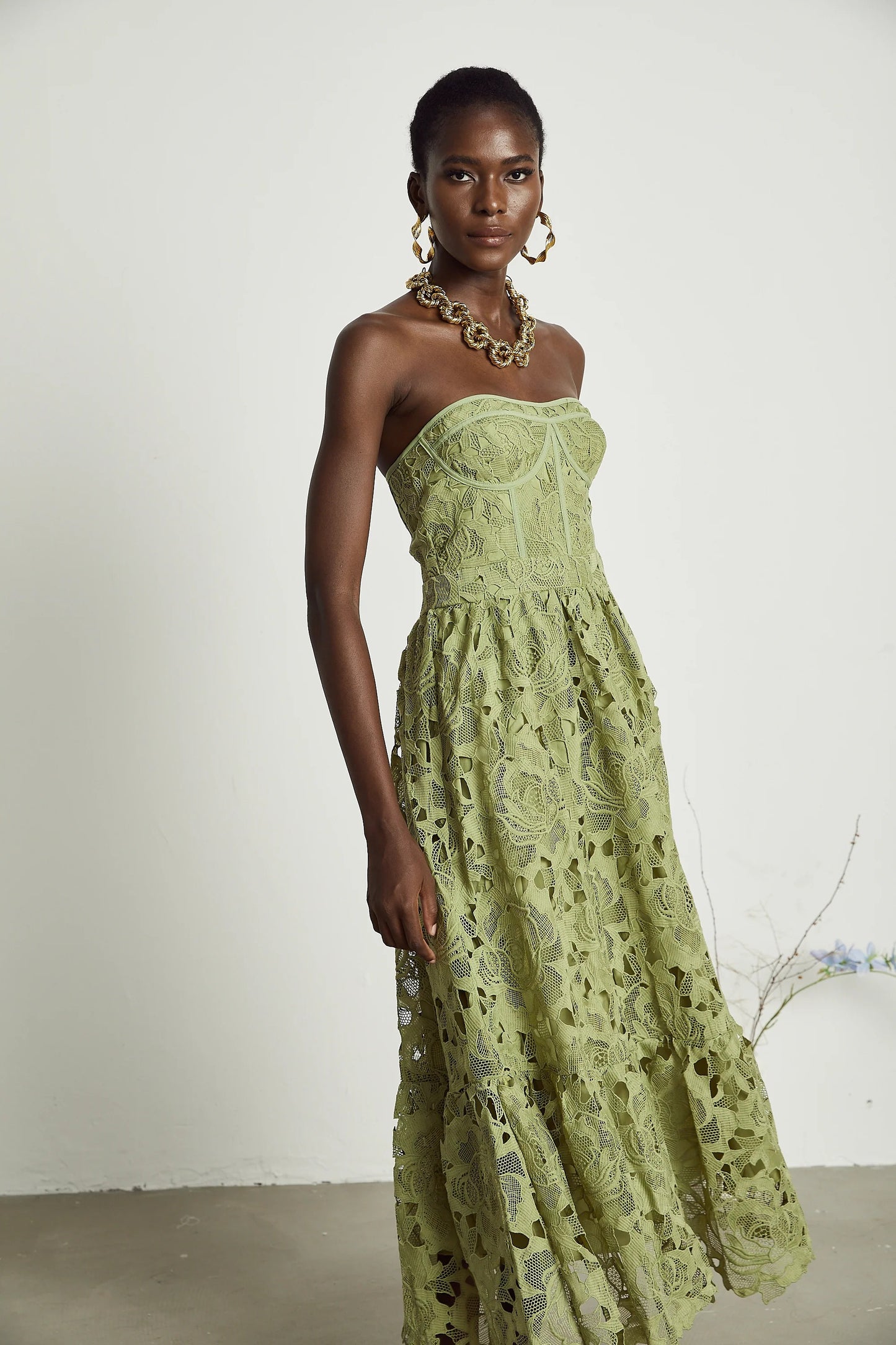 Ines lace floral embroidered cut-out midi dress in Green