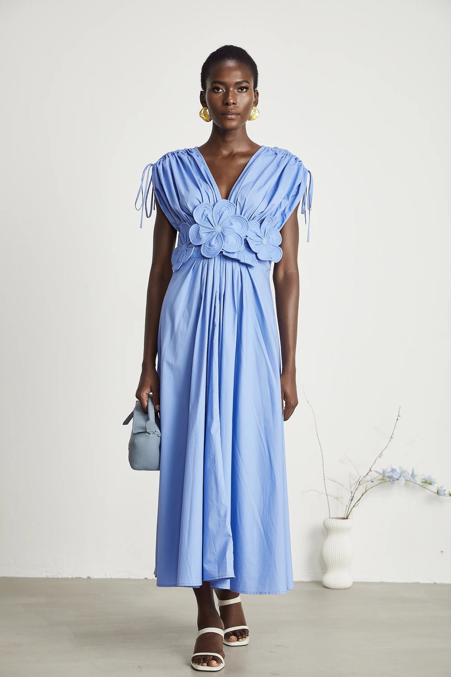 Emma Petal-Detail Drawstring Maxi Dress in Blue