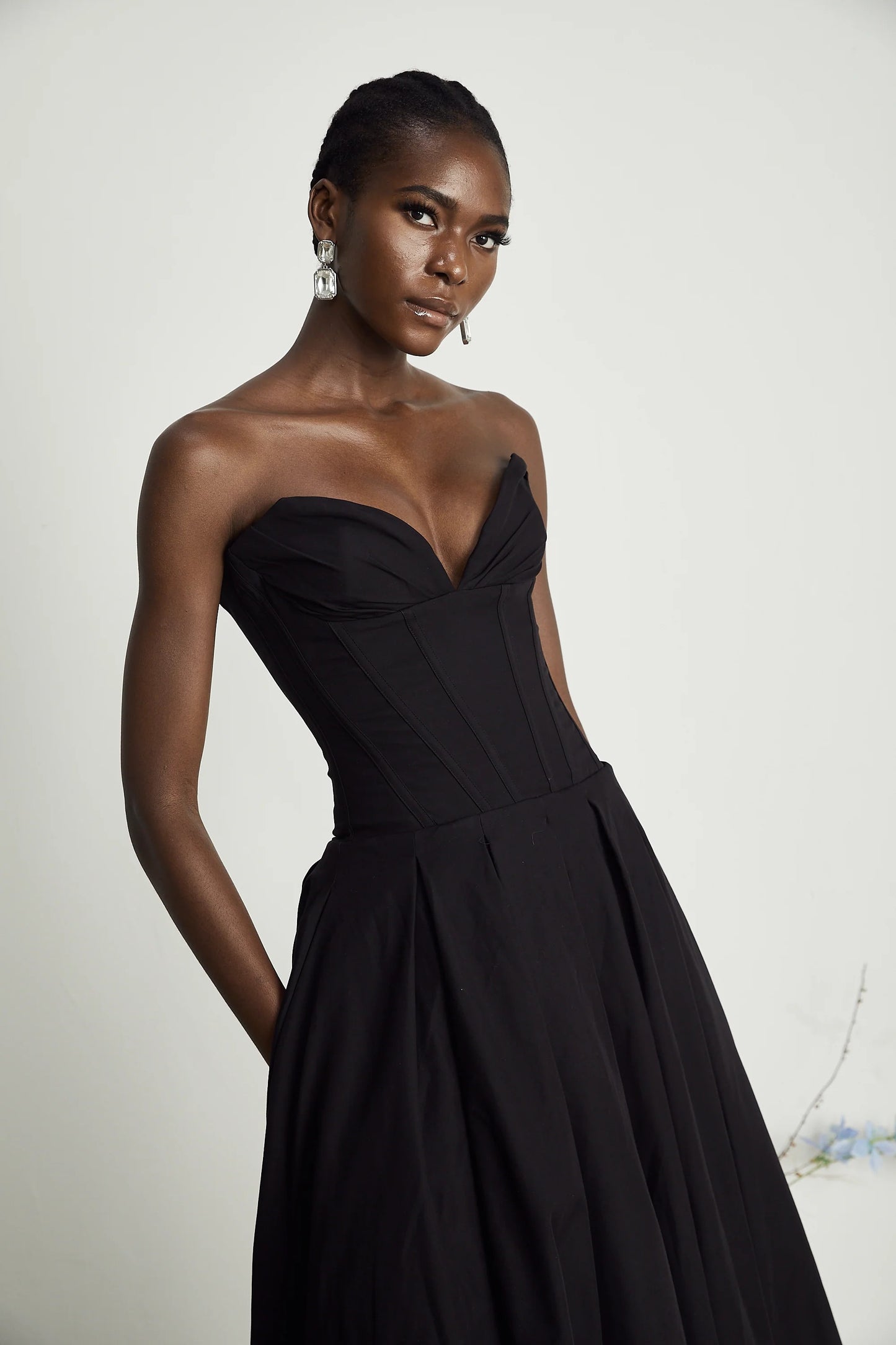 Katherine Black Off-Shoulder Corset Midi Dress