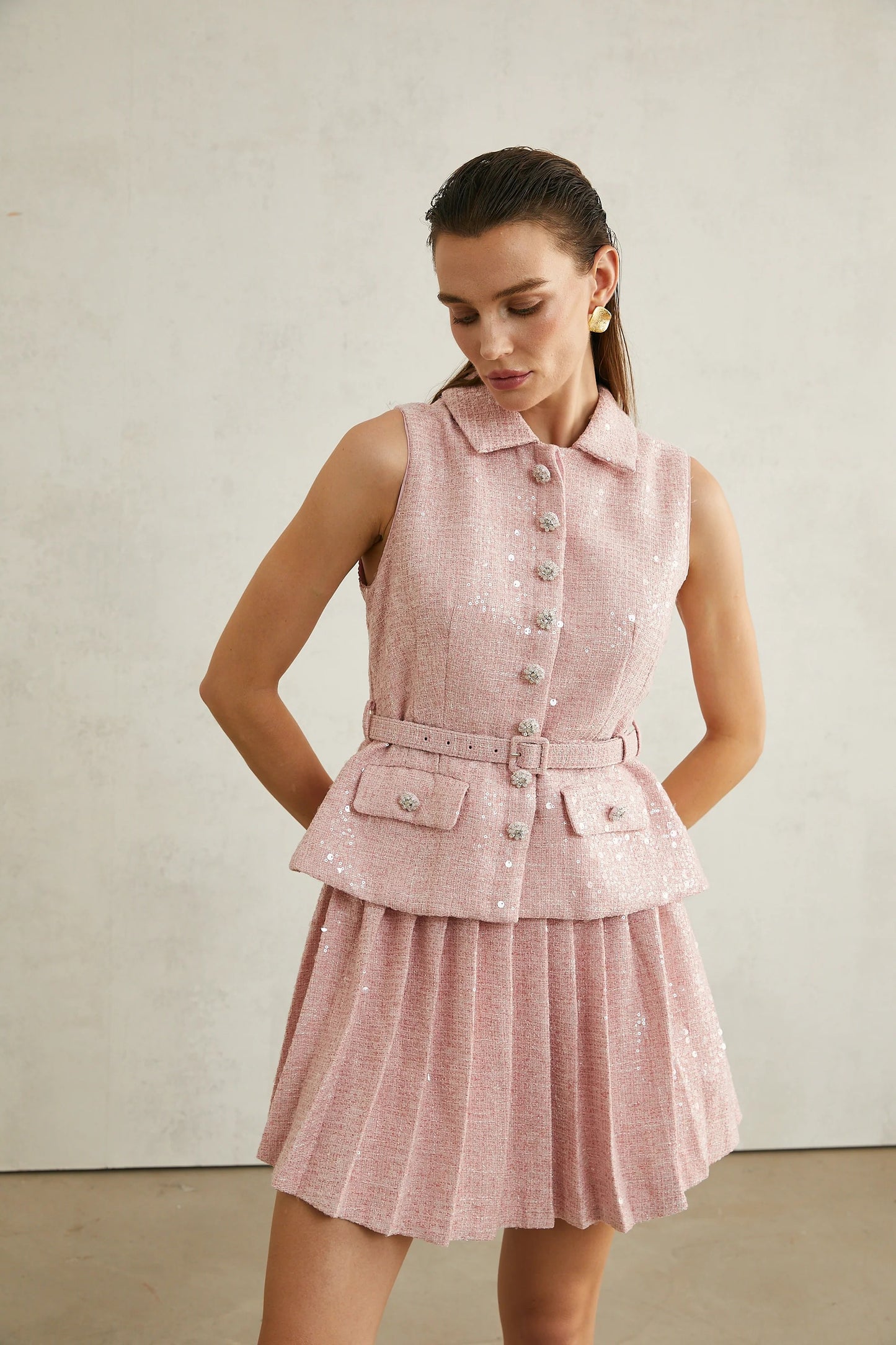 Elise Pink Pleated Embellished Mini Dress