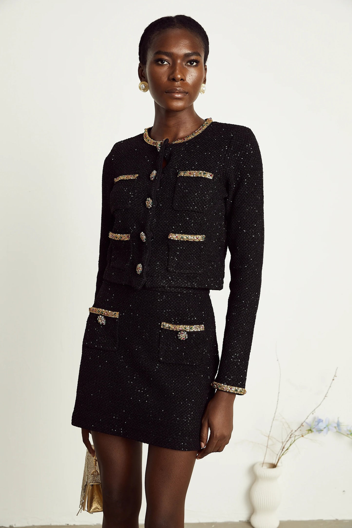 Ariane Black Sequined Tweed Jacket & Skirt Matching Set