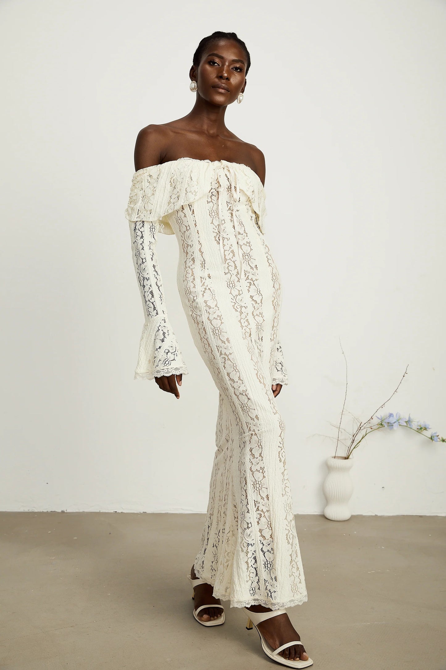 Emeline Floral Lace Flared-Cuff Maxi Dress in Neutrals