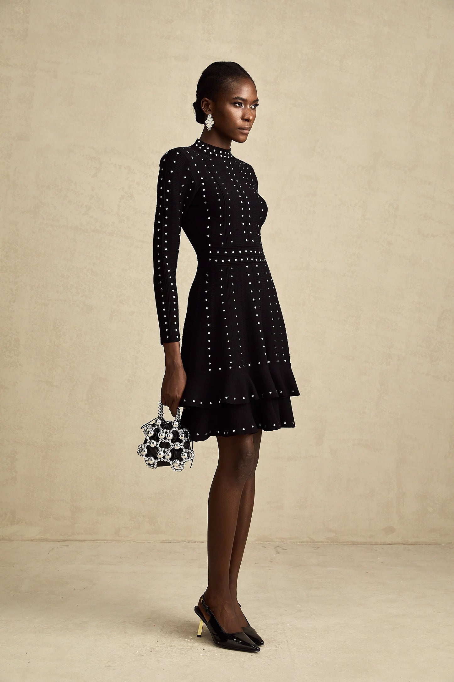 Fabienne Black Embellished Ruffled Knitted Mini Dress